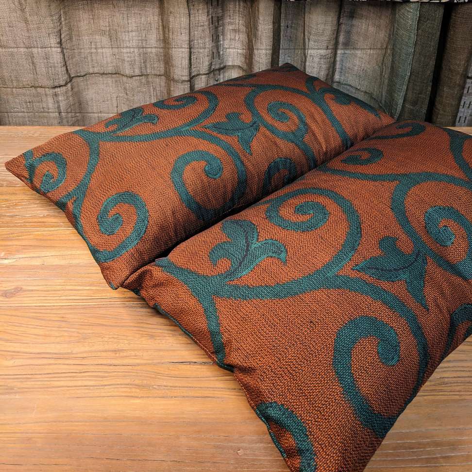 Throw Cushion with Vintage Japanese Woollen Cover - Orange & Blue Karakusa