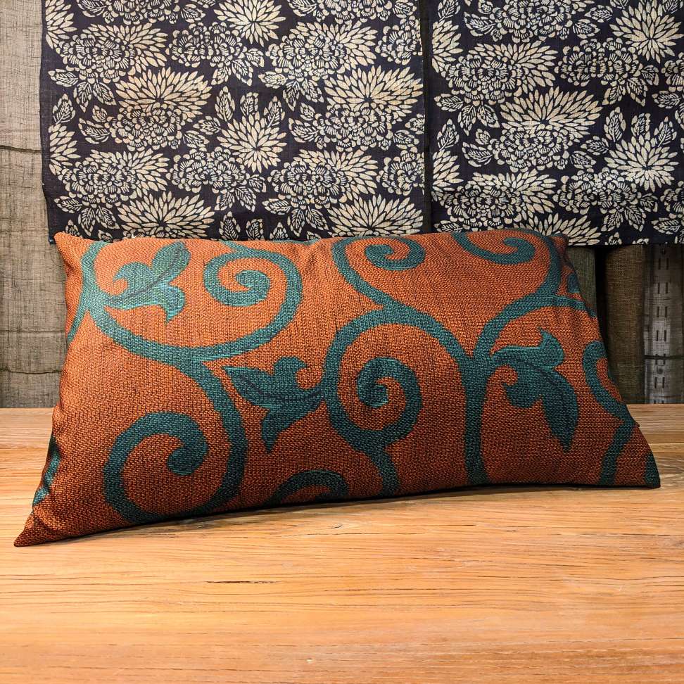 Throw Cushion with Vintage Japanese Woollen Cover - Orange & Blue Karakusa