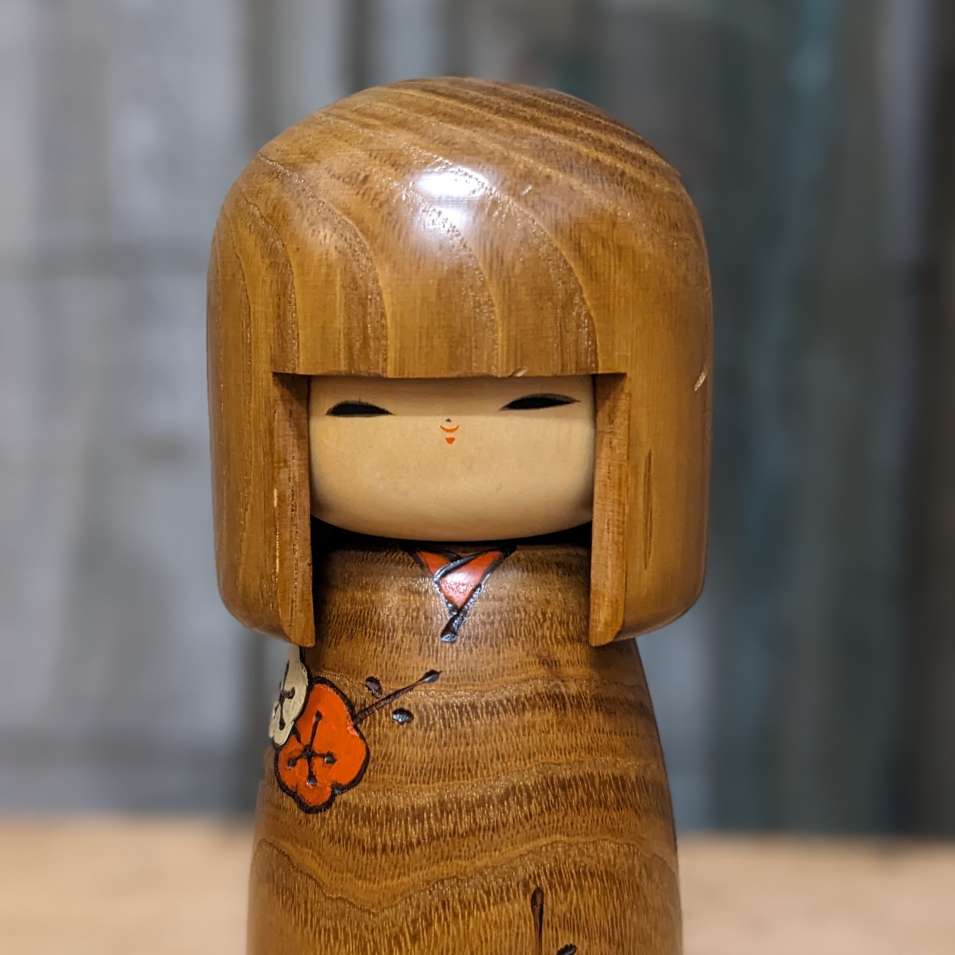Vintage Japanese Kokeshi Doll with Plum Blossom Design Kimono