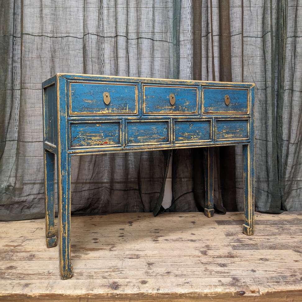 Chinese Blue Lacquered Three Drawer Hall Table