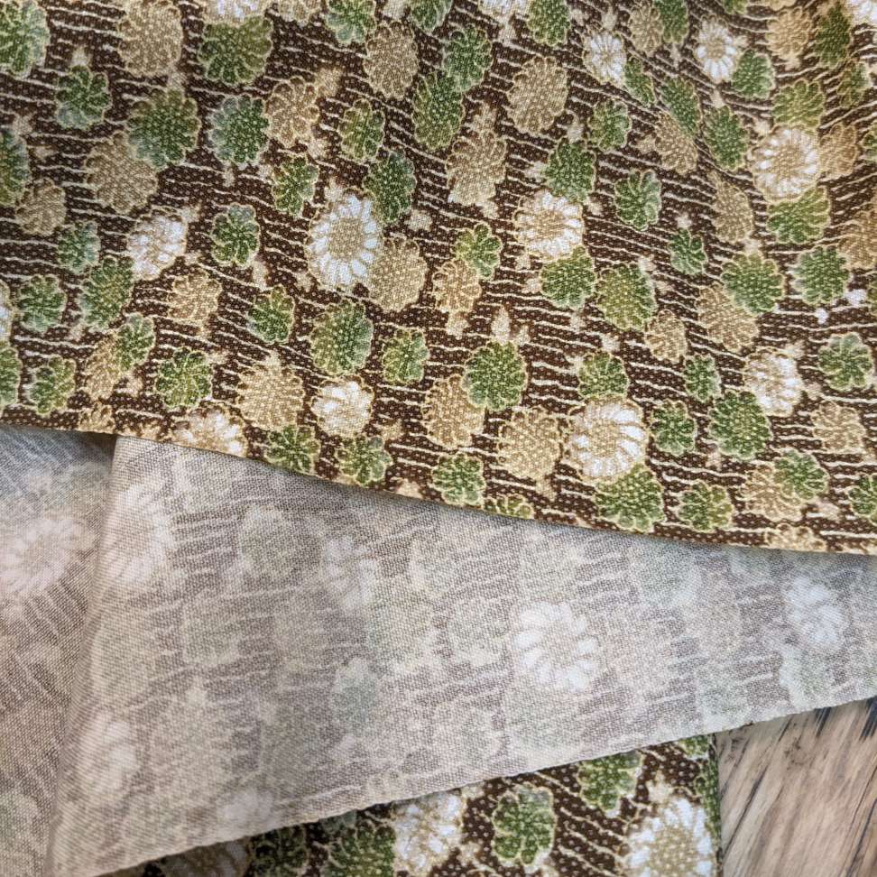 Japanese Silk Fabric, Brown & Green Floral Pattern
