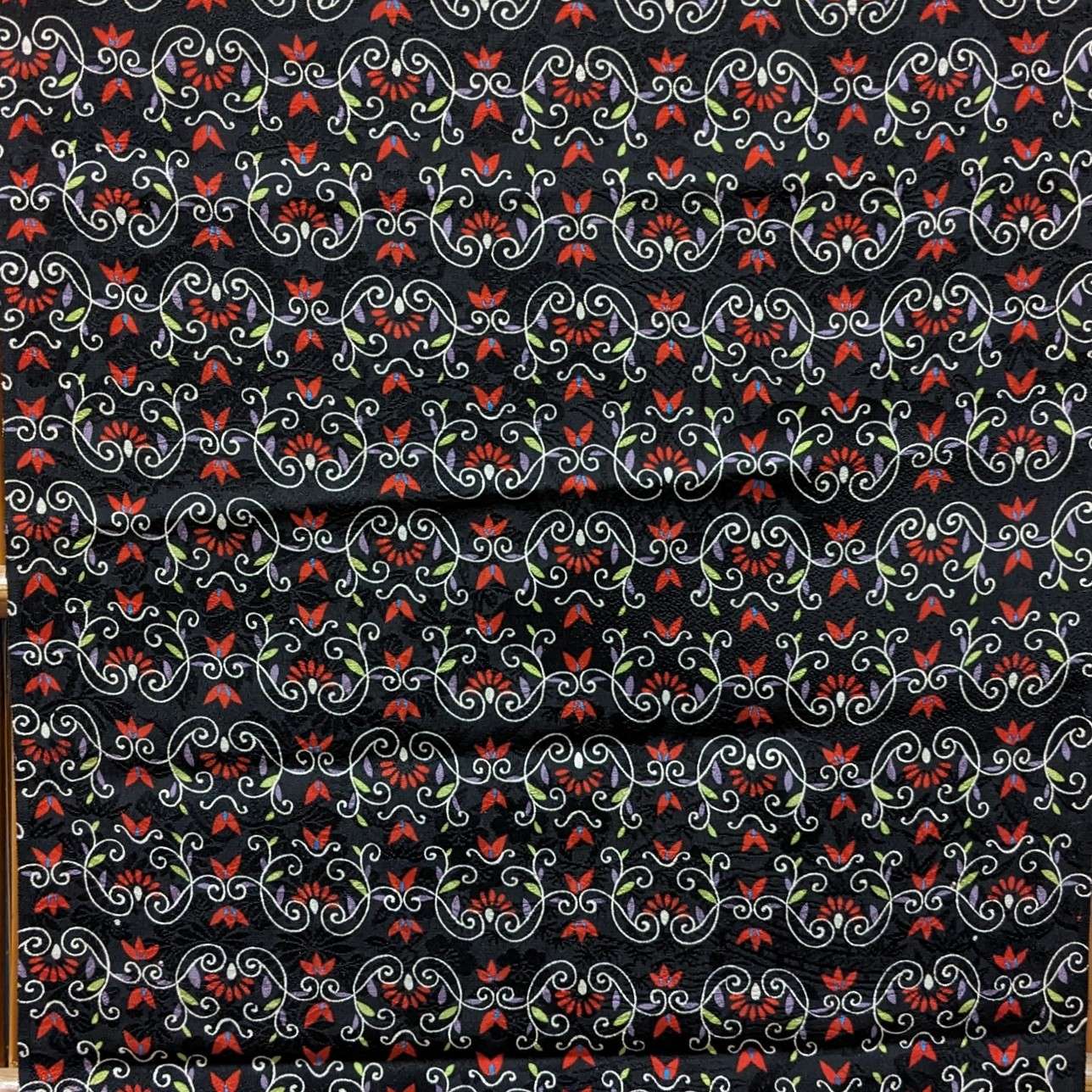 Japanese Silk Fabric, Black With Floral Pattern