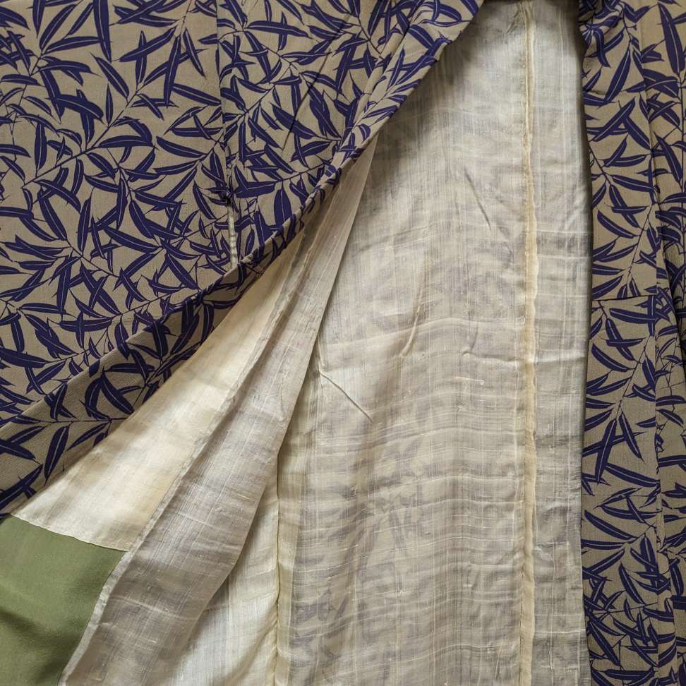 Vintage Japanese Silk Kimono with purple Bamboo leaves Pattern