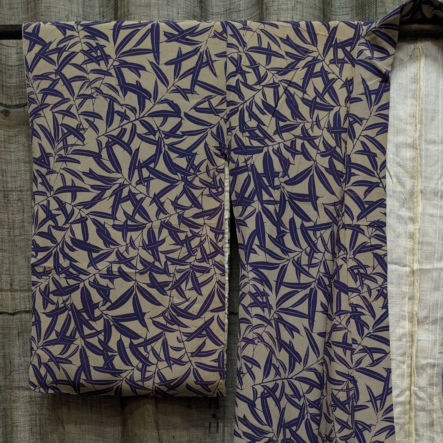 Vintage Japanese Silk Kimono with purple Bamboo leaves Pattern