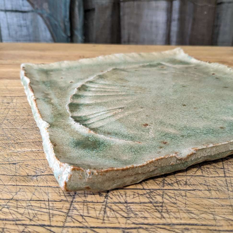 Vintage Japanese Square Plate with Green Glaze
