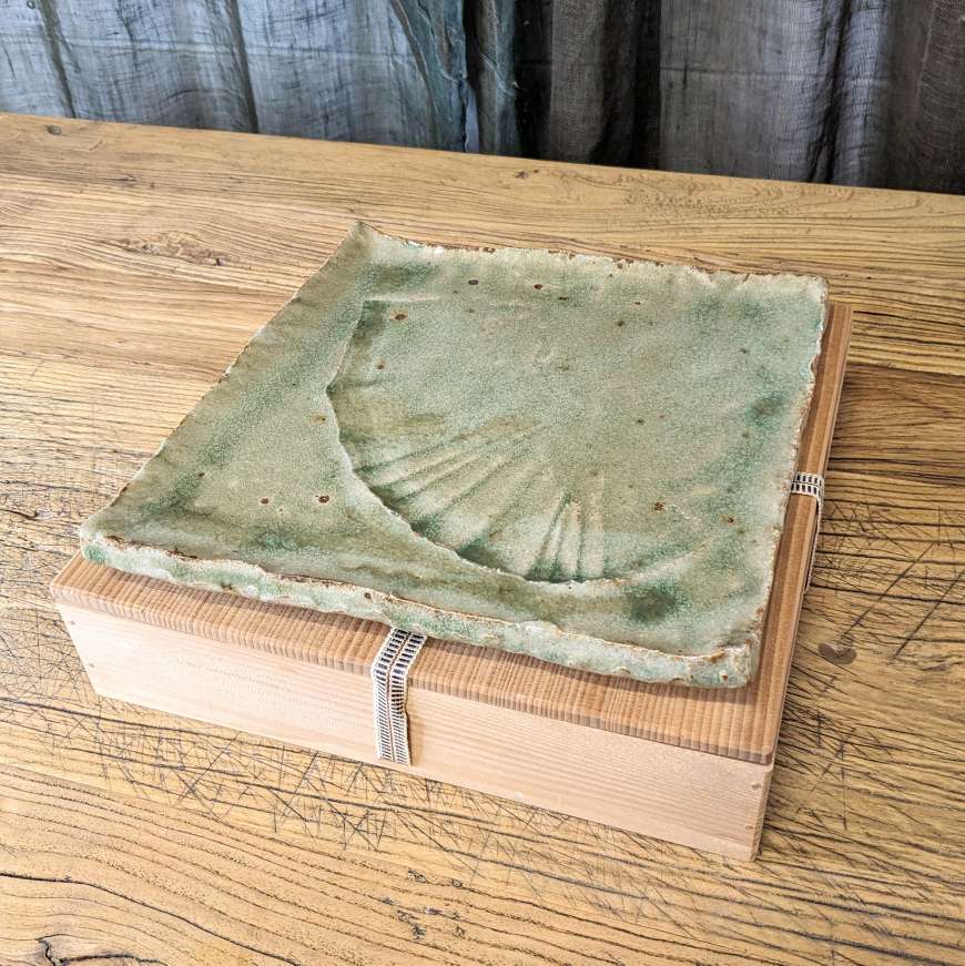 Vintage Japanese Square Plate with Green Glaze