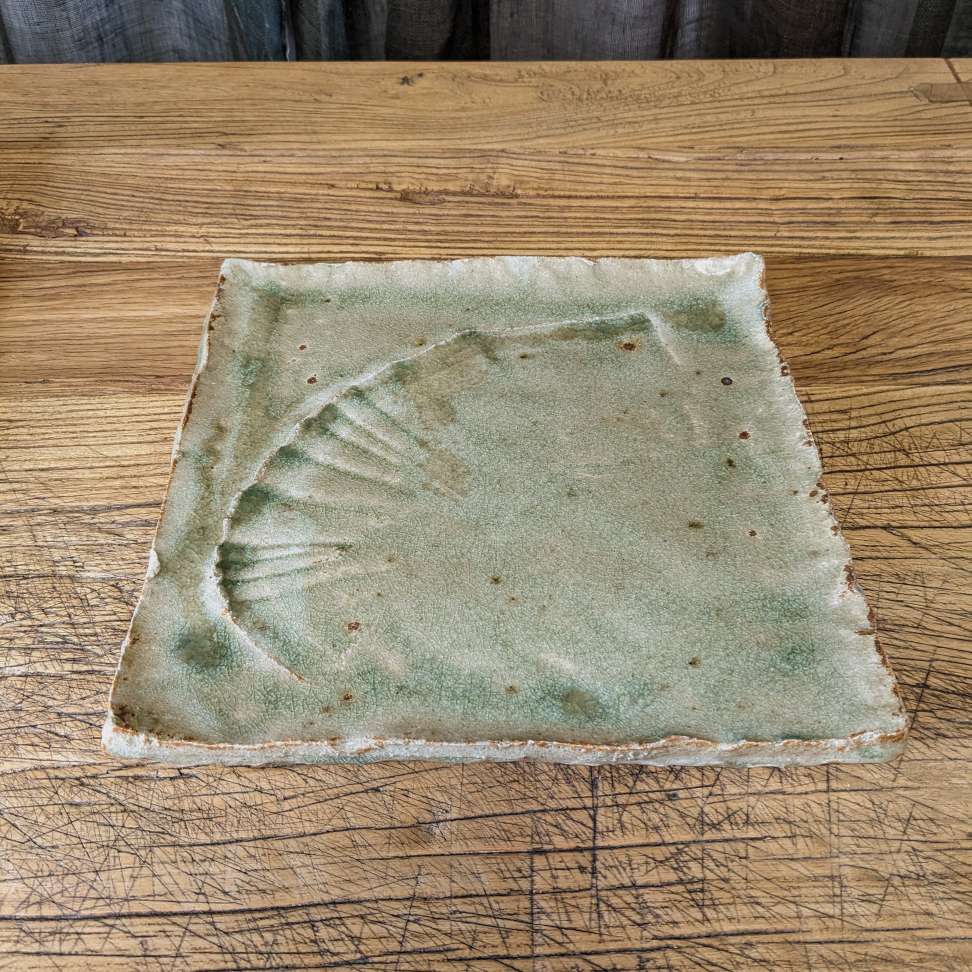 Vintage Japanese Square Plate with Green Glaze