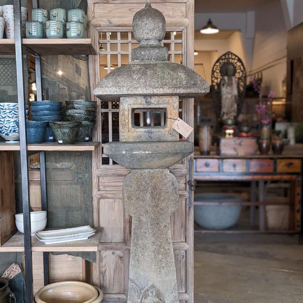Tall Antique Japanese Stone Garden Lantern, Oribe - Granite