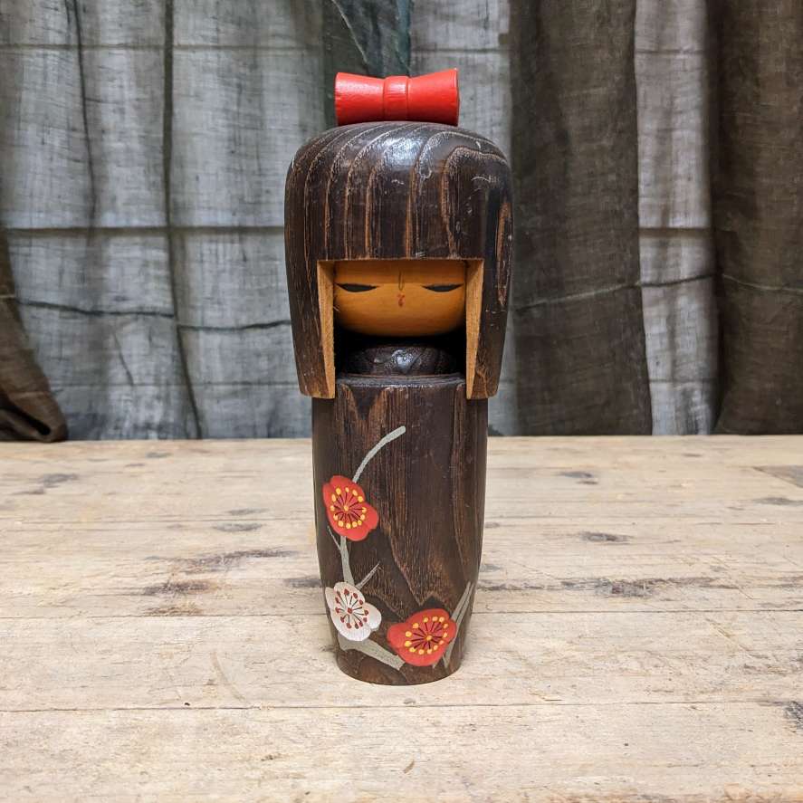 Vintage Japanese Kokeshi Doll with Plum Blossom Design Kimono