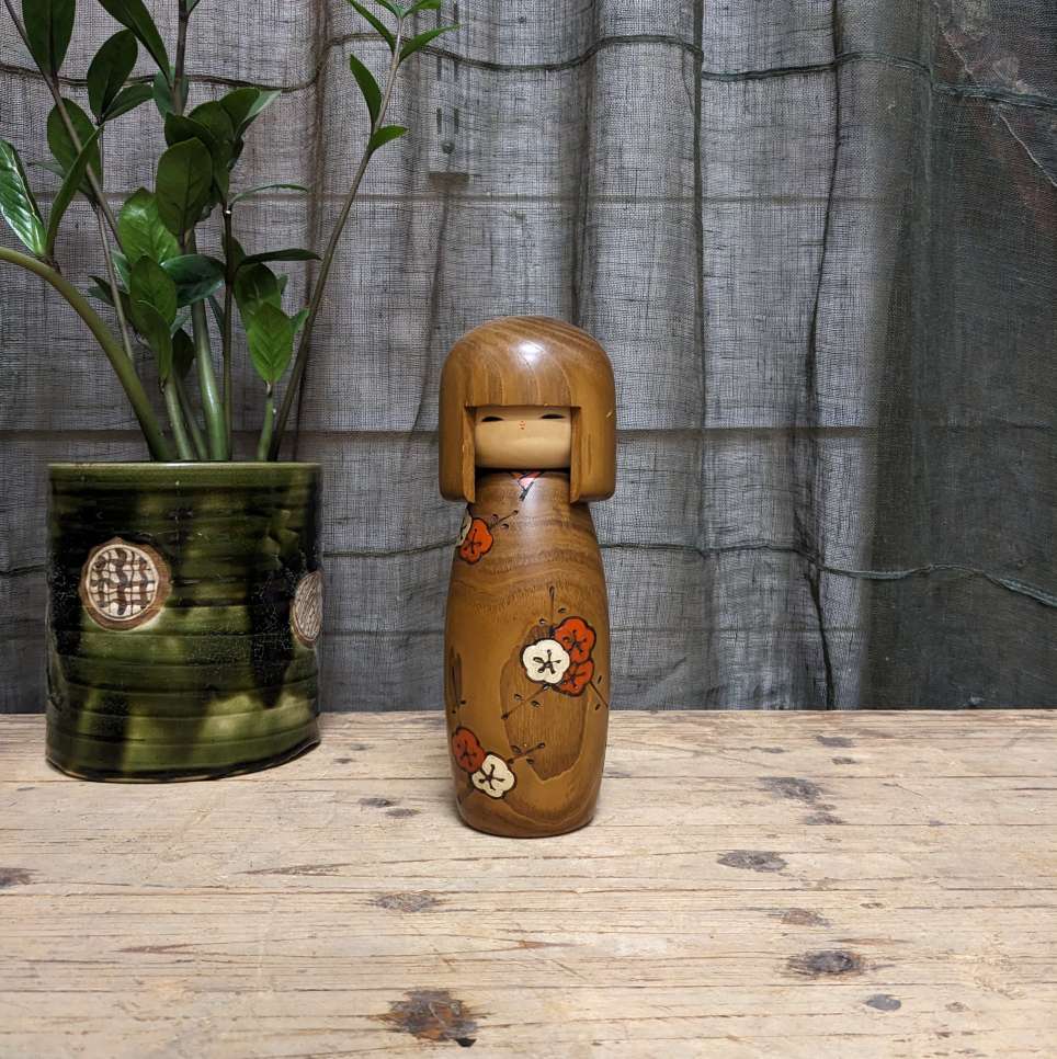 Vintage Japanese Kokeshi Doll with Plum Blossom Design Kimono