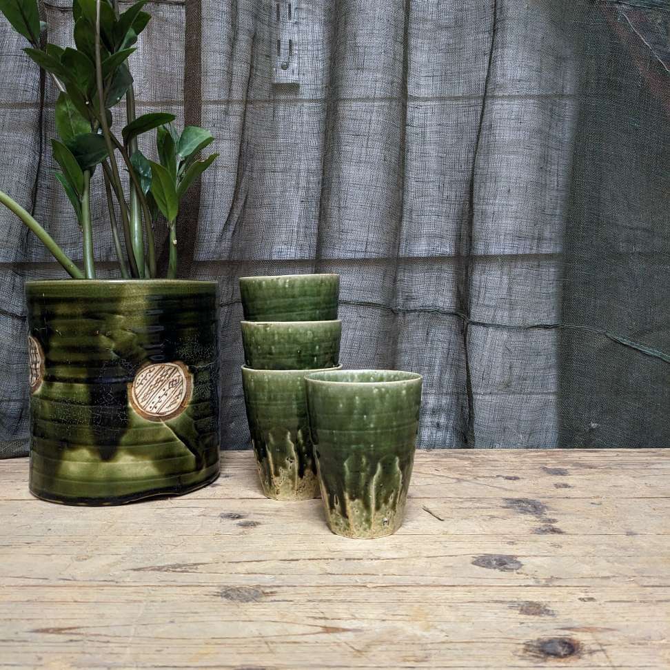 Vintage Japanese Ceramic Cup - Oribe Glaze