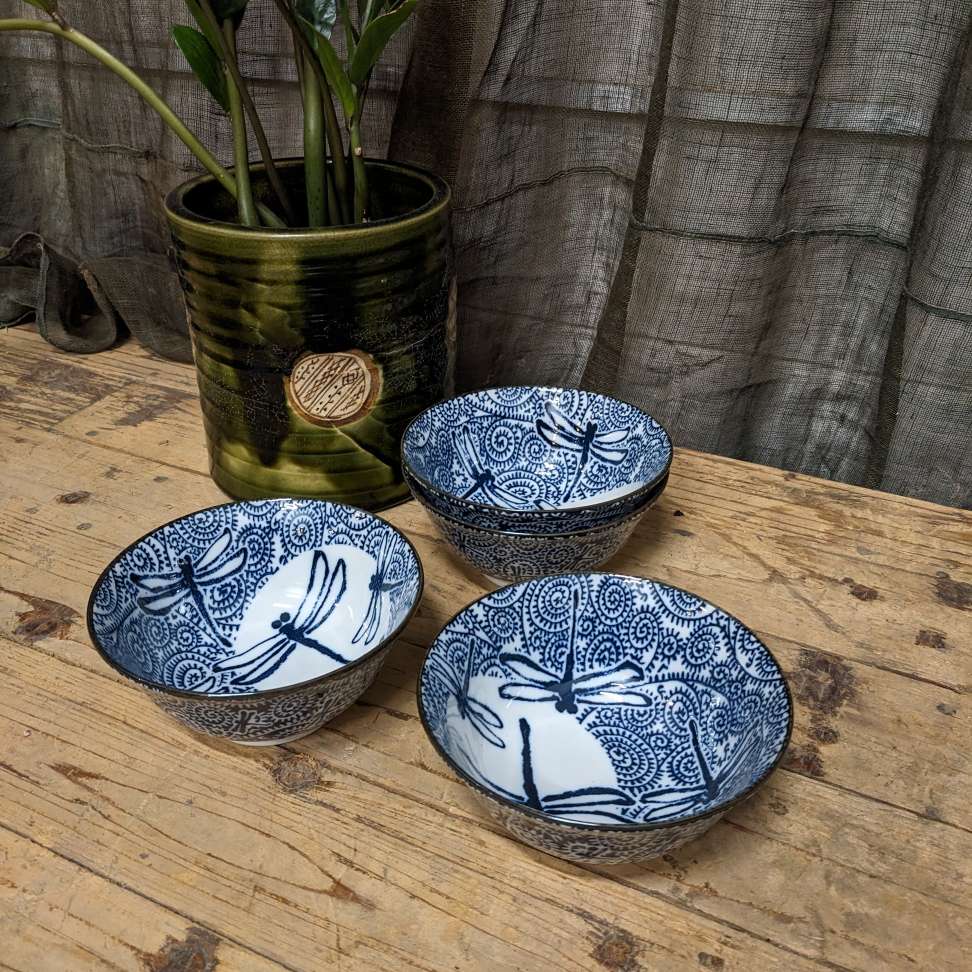 Contemporary Japanese Bowl - Blue & White Dragonfly