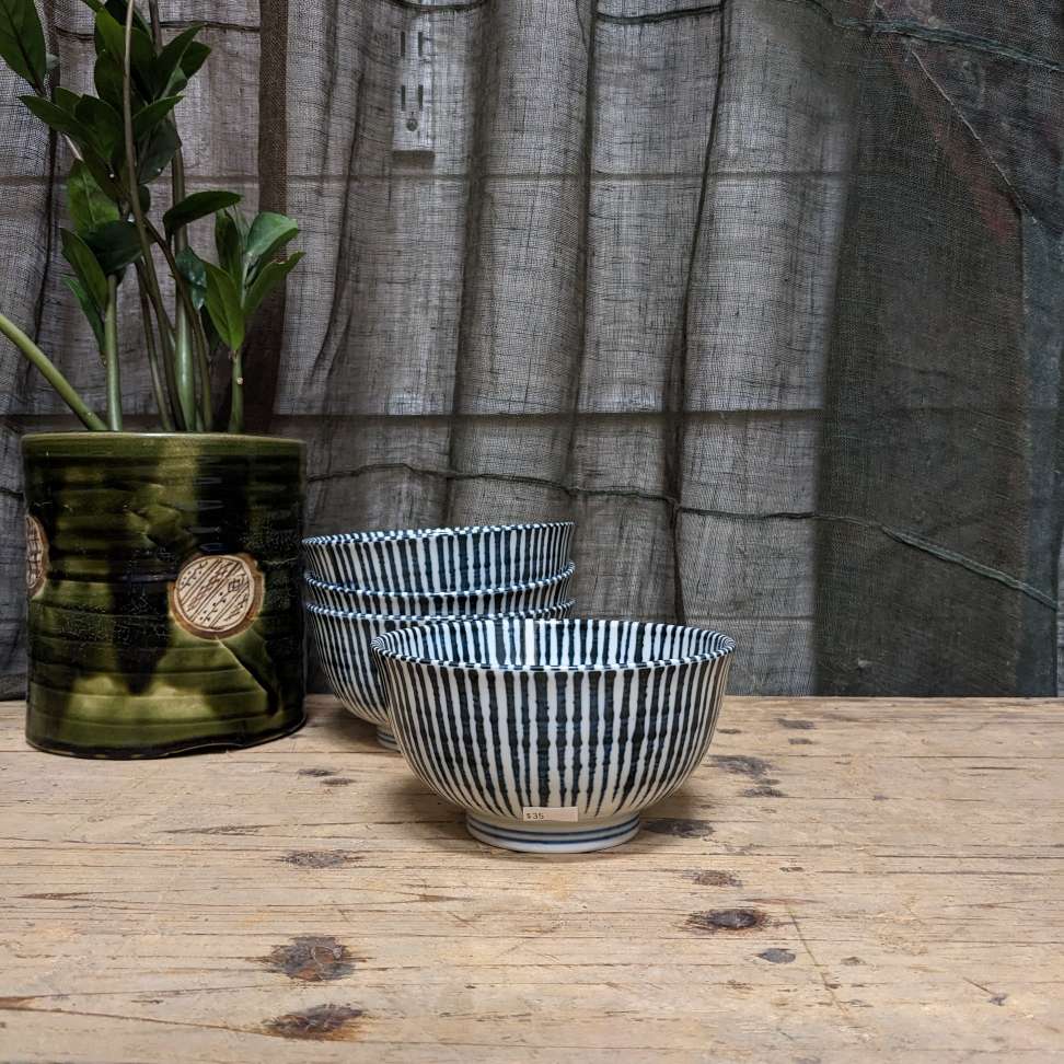 Contemporary Japanese Bowl - White, Blue Stripes