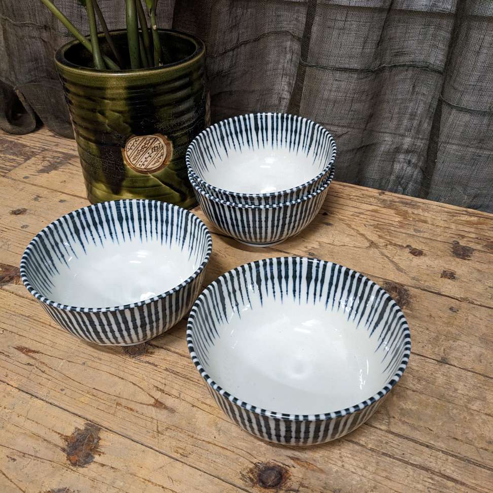 Contemporary Japanese Bowl - White, Blue Stripes