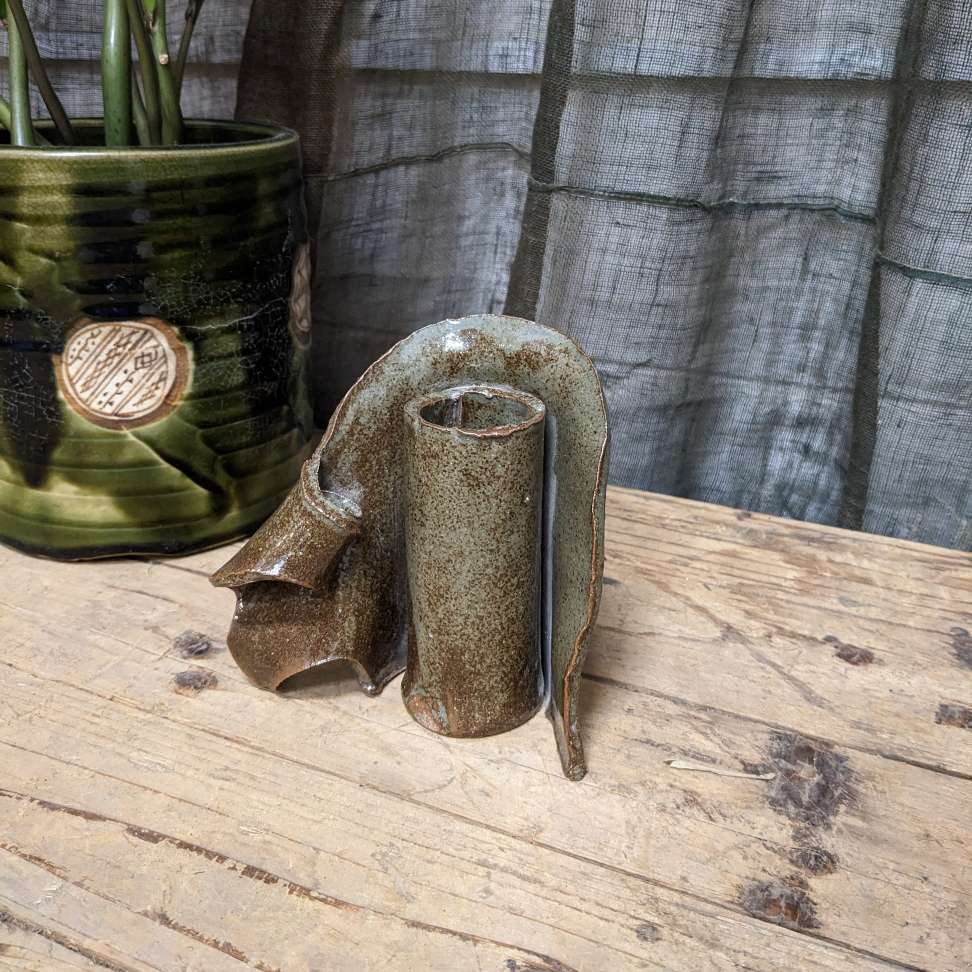 Vintage Small Unique Japanese Ikebana Vase - Brown Glaze