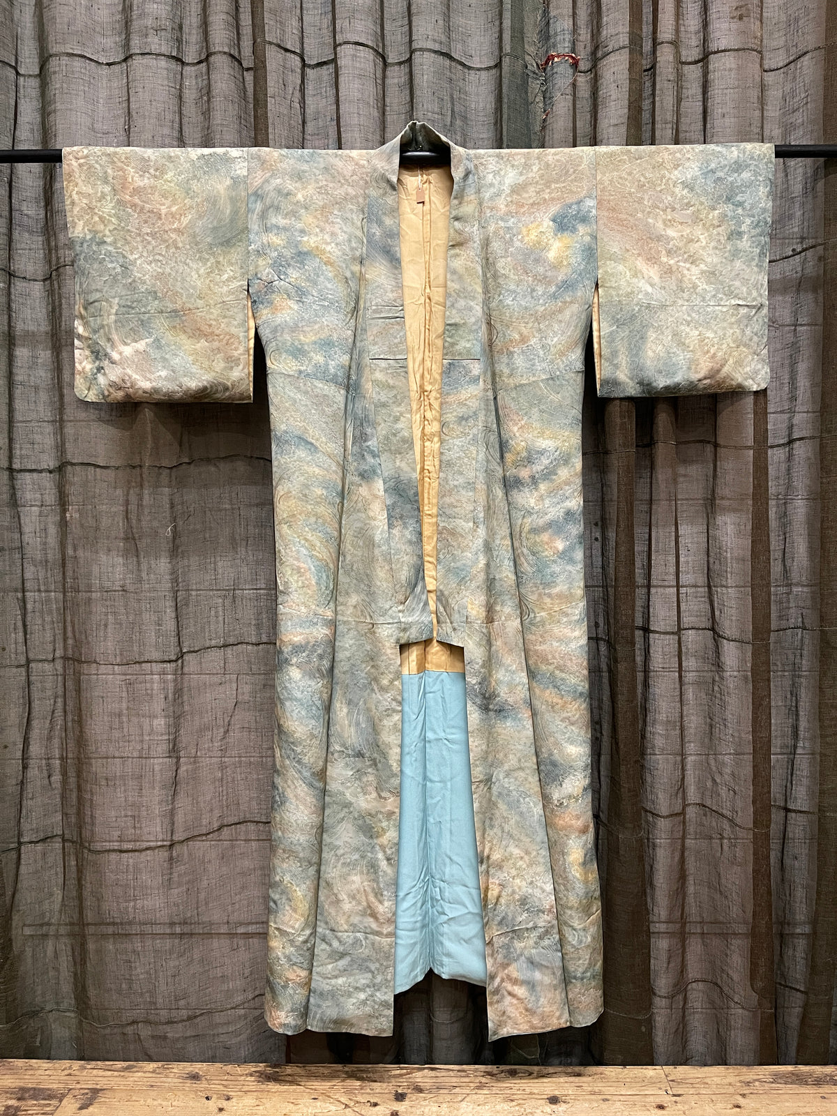 Vintage Japanese Silk Kimono, Marbled Wave Pattern