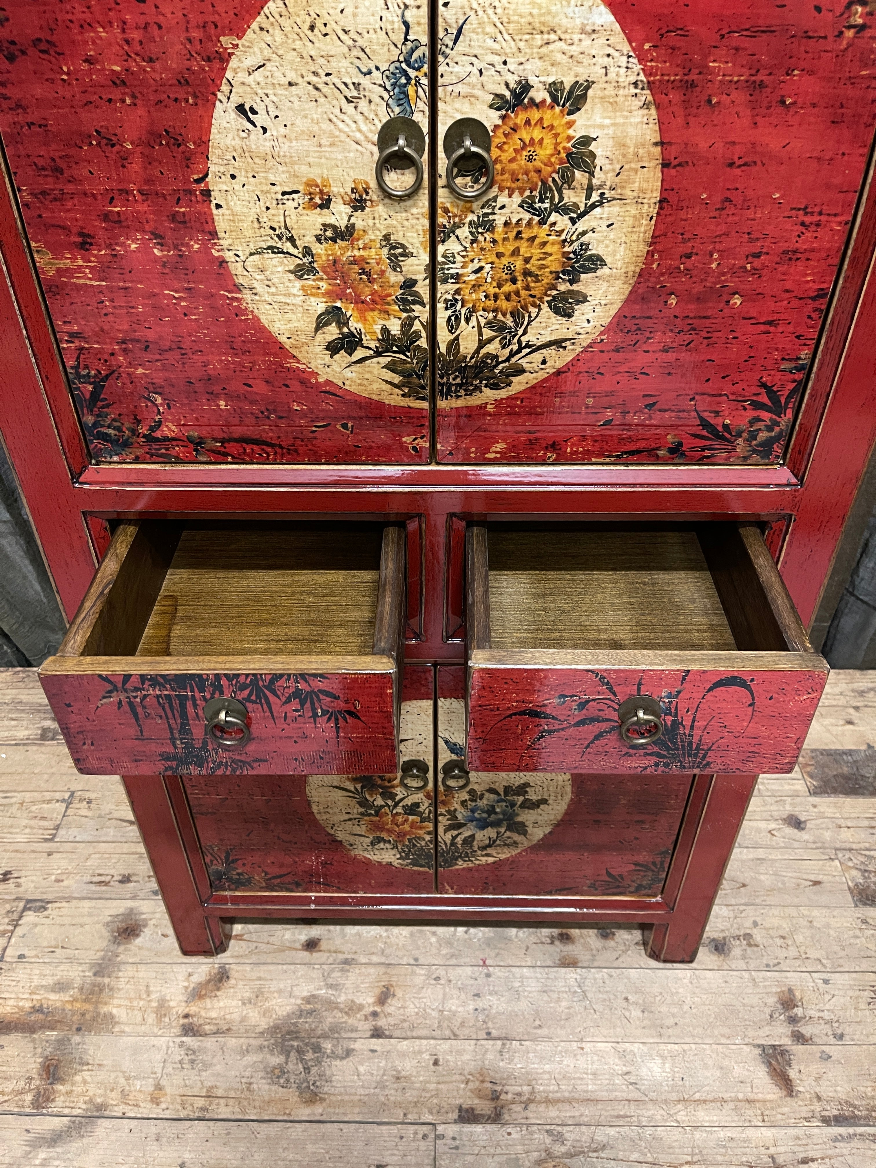 Chinese Red Lacquered Storage Cabinet, Floral Medallion