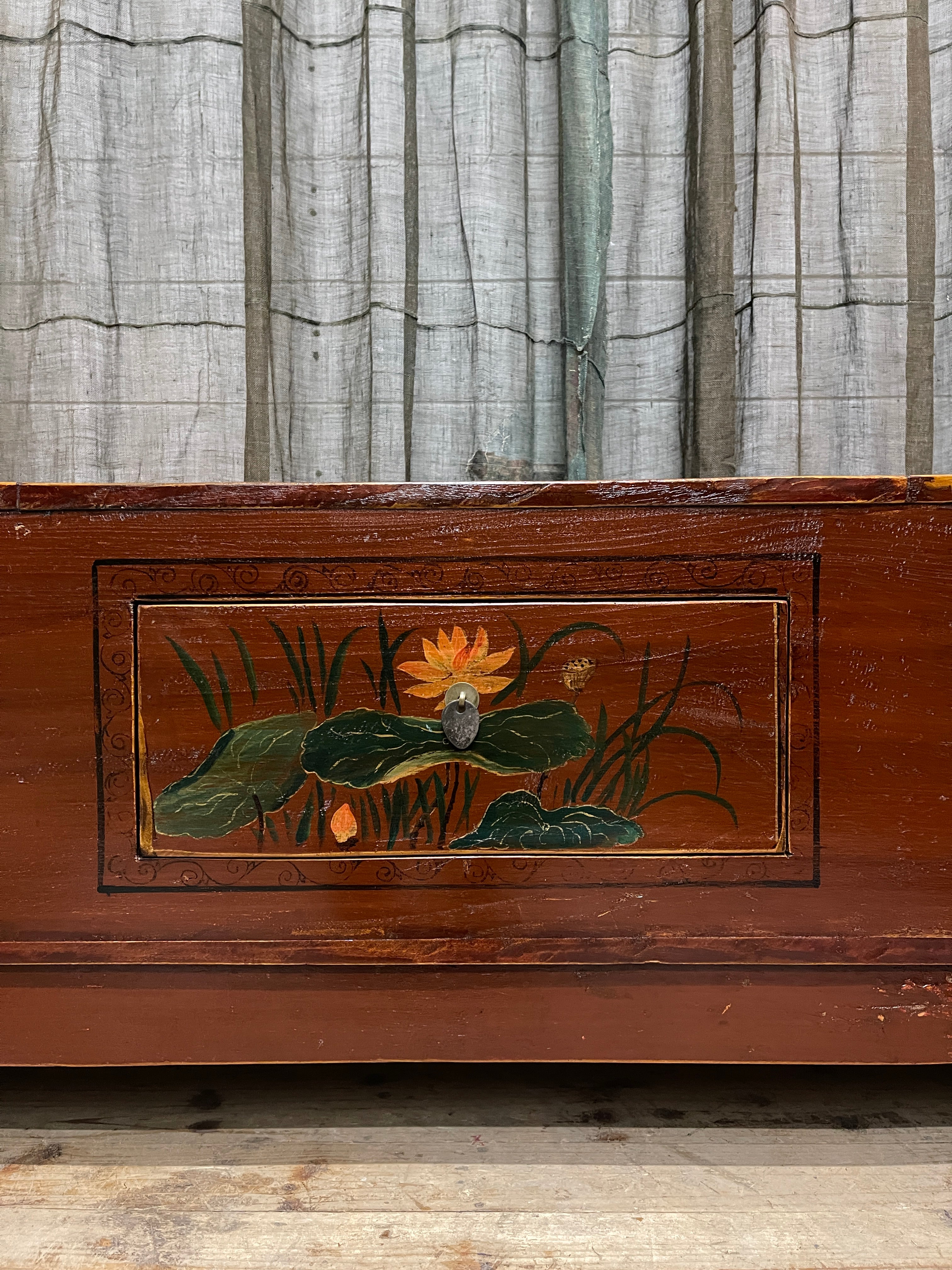 Antique Chinese Low Cabinet, 3 Drawer, Floral Panels