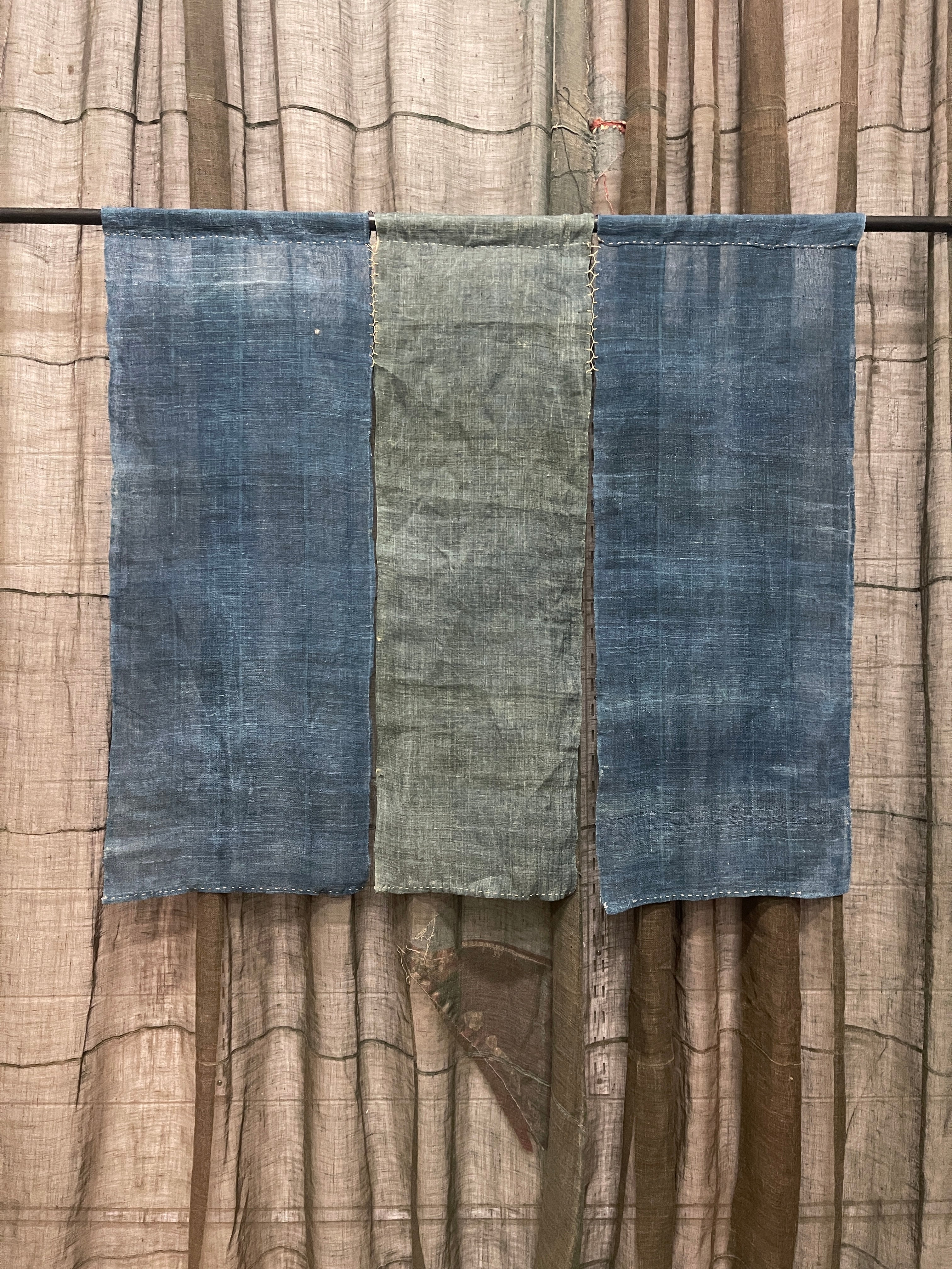 Vintage Japanese Hemp Noren, Panelled Curtain