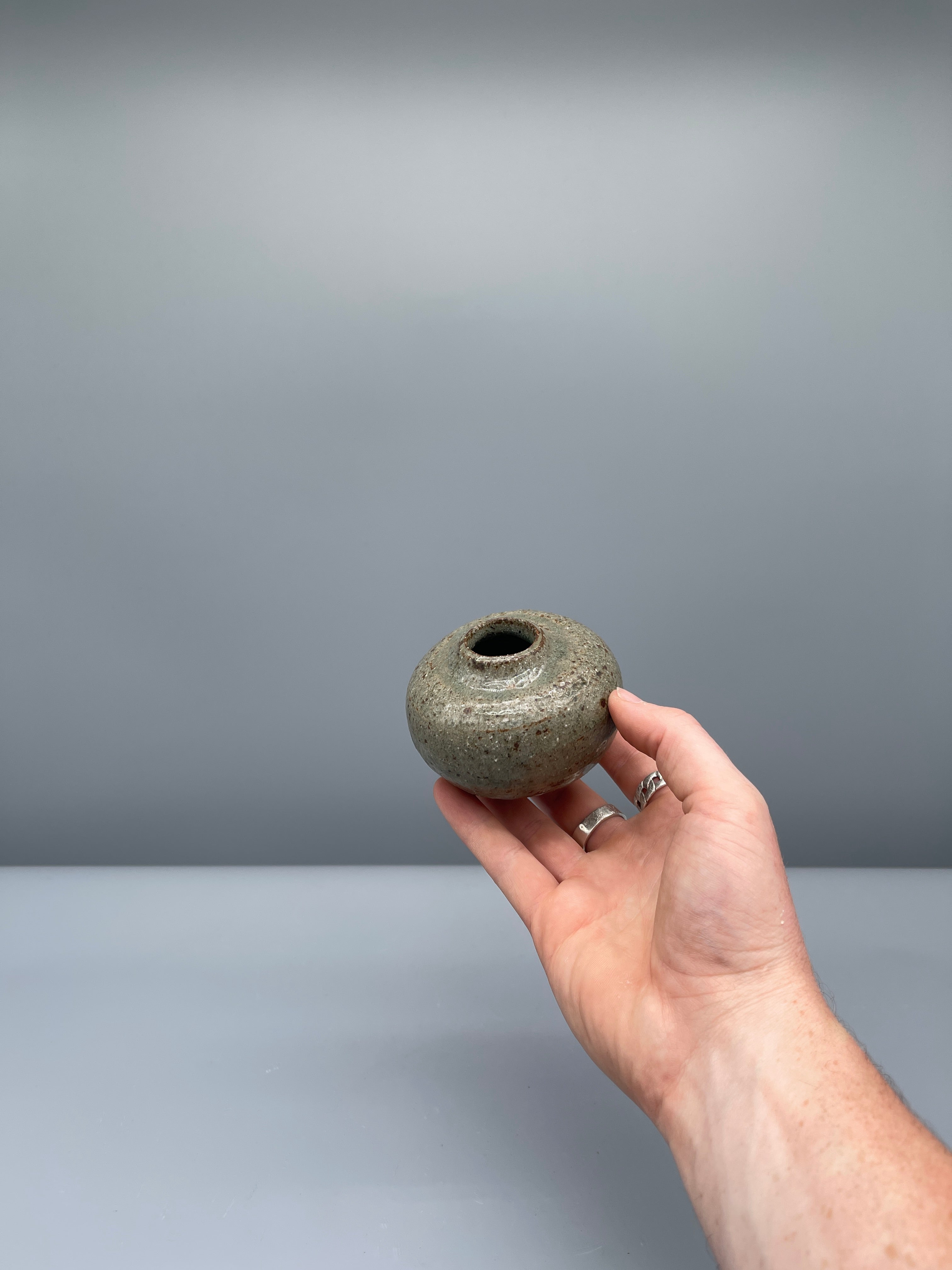 Small Vintage Japanese Round Vase - Textural Green Glaze