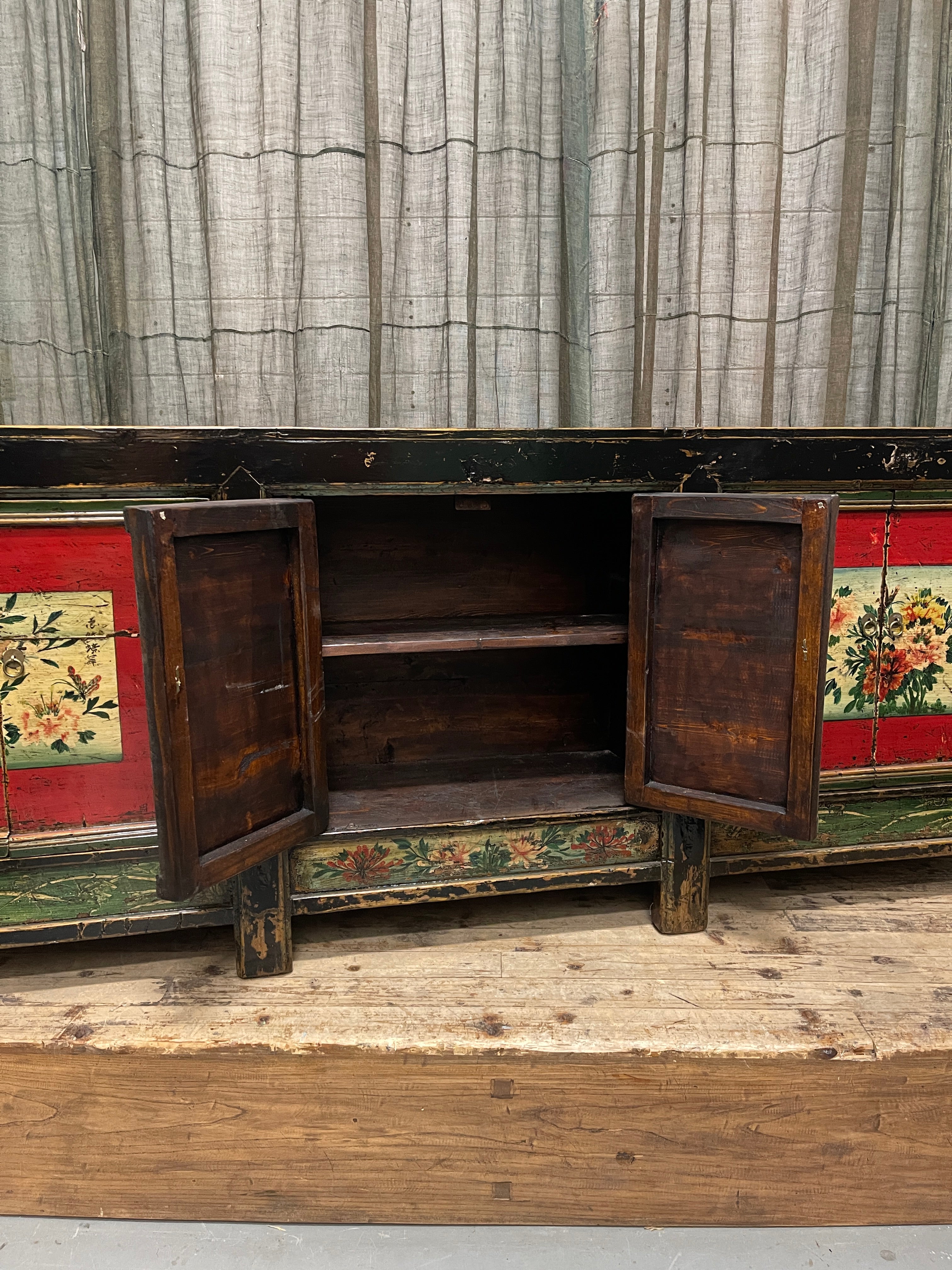 Antique Chinese Sideboard, Original Painted Finish, Floral Panels