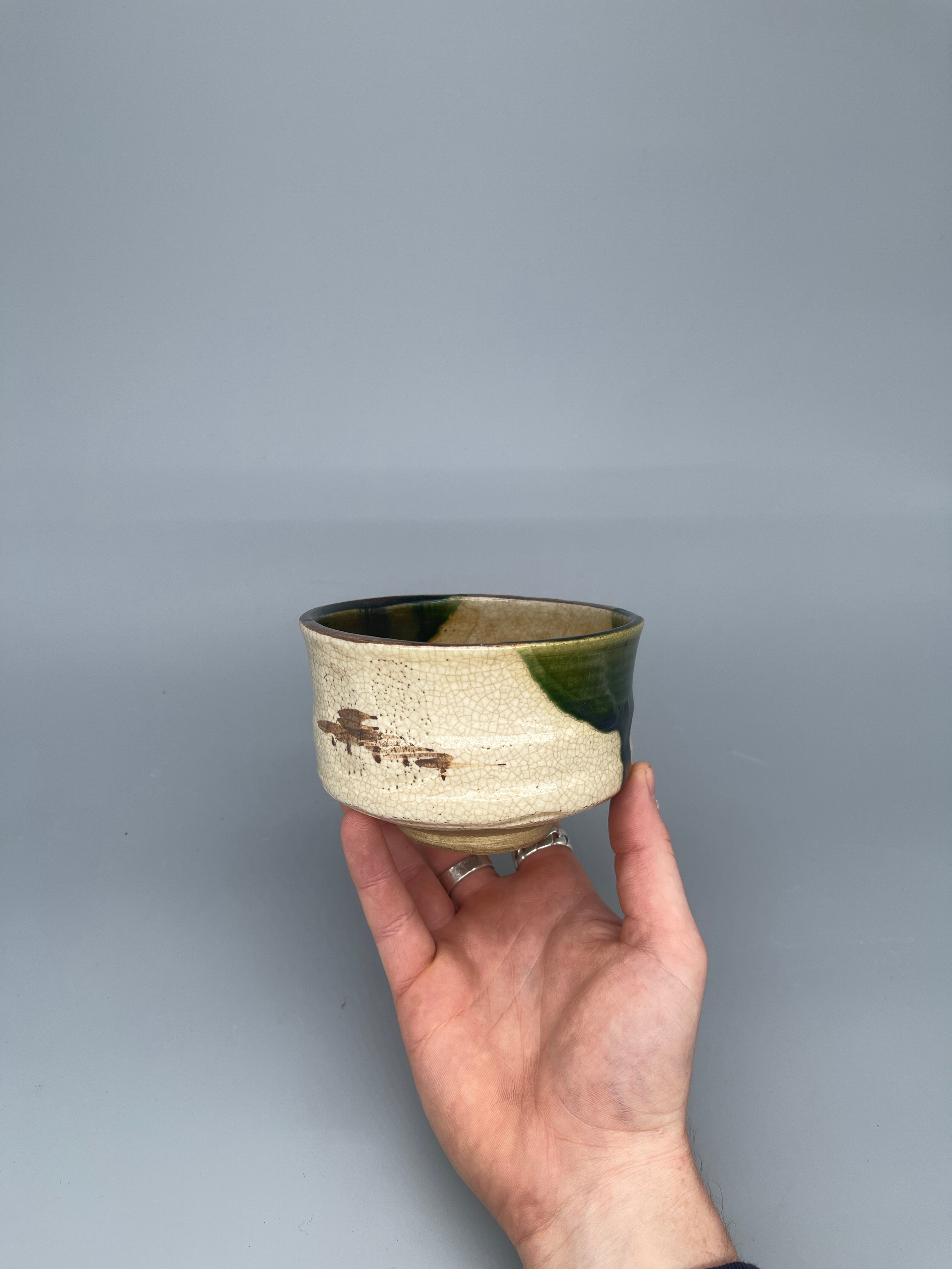 Vintage Japanese Matcha Bowl, Chawan - Green, White Oribe Glaze