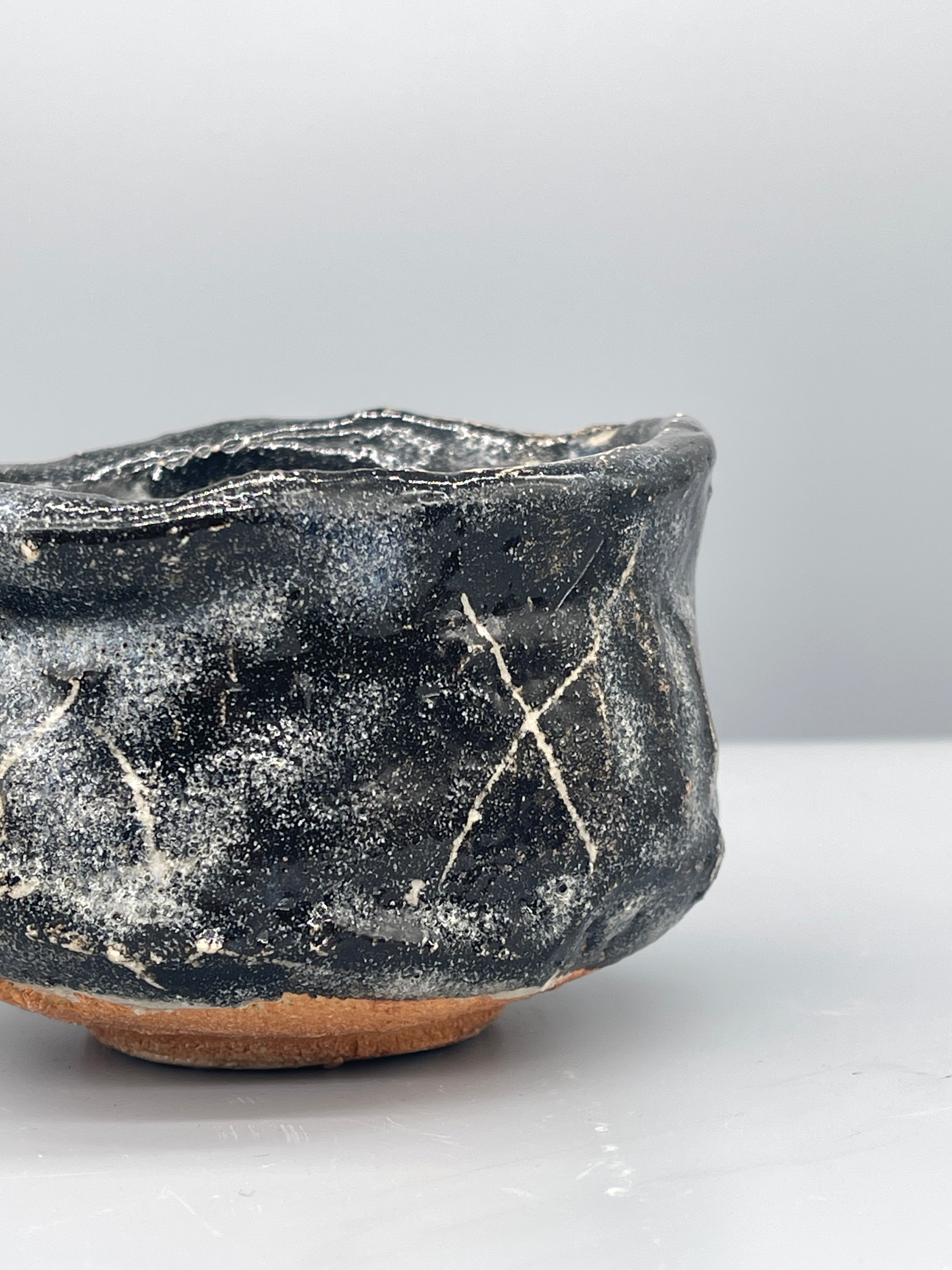 Vintage Japanese Chawan, Tea Bowl - Black Glaze, Geometric Motif
