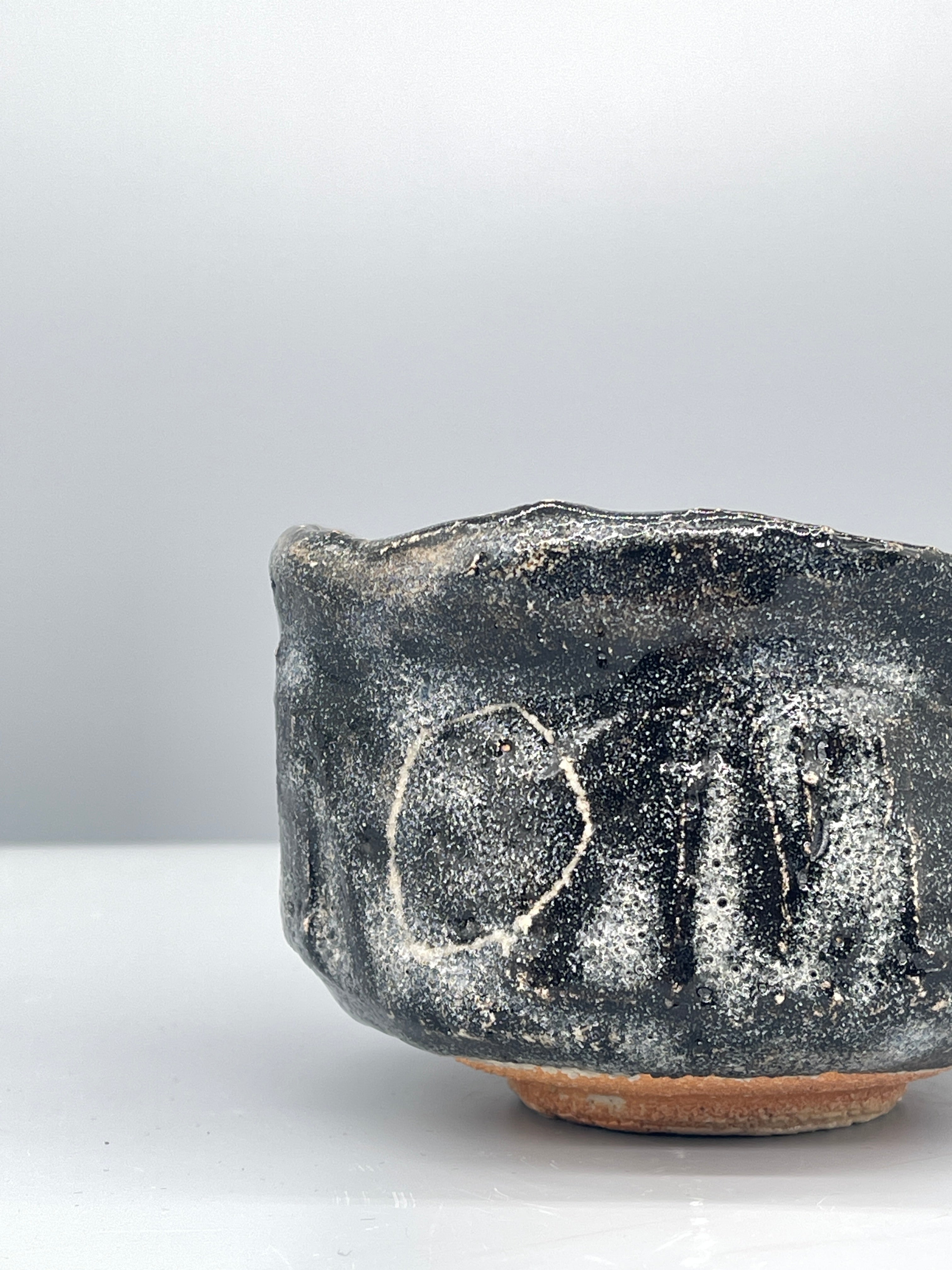 Vintage Japanese Chawan, Tea Bowl - Black Glaze, Geometric Motif
