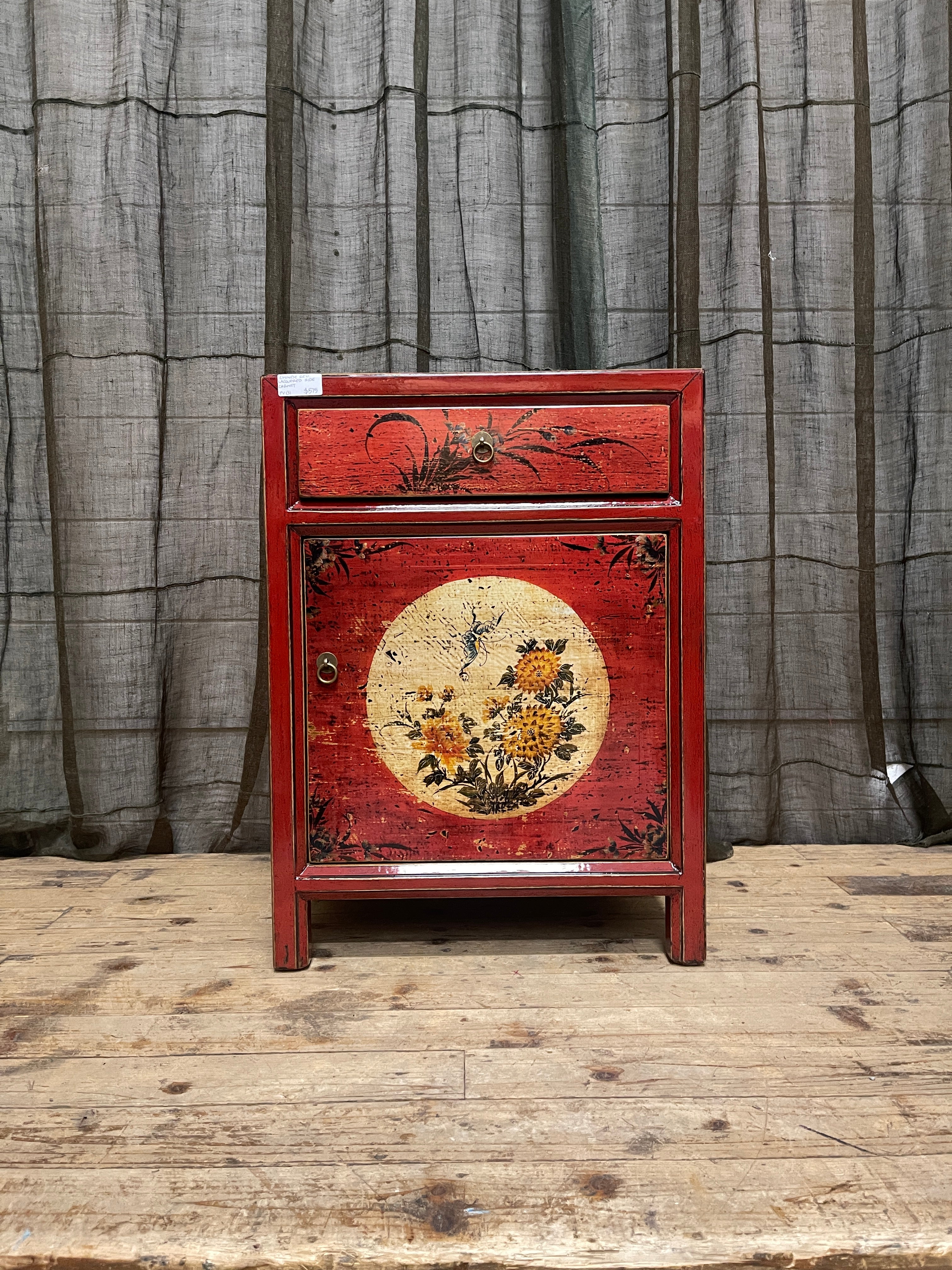 Chinese Red Lacquered Side Cabinet, Floral Motif
