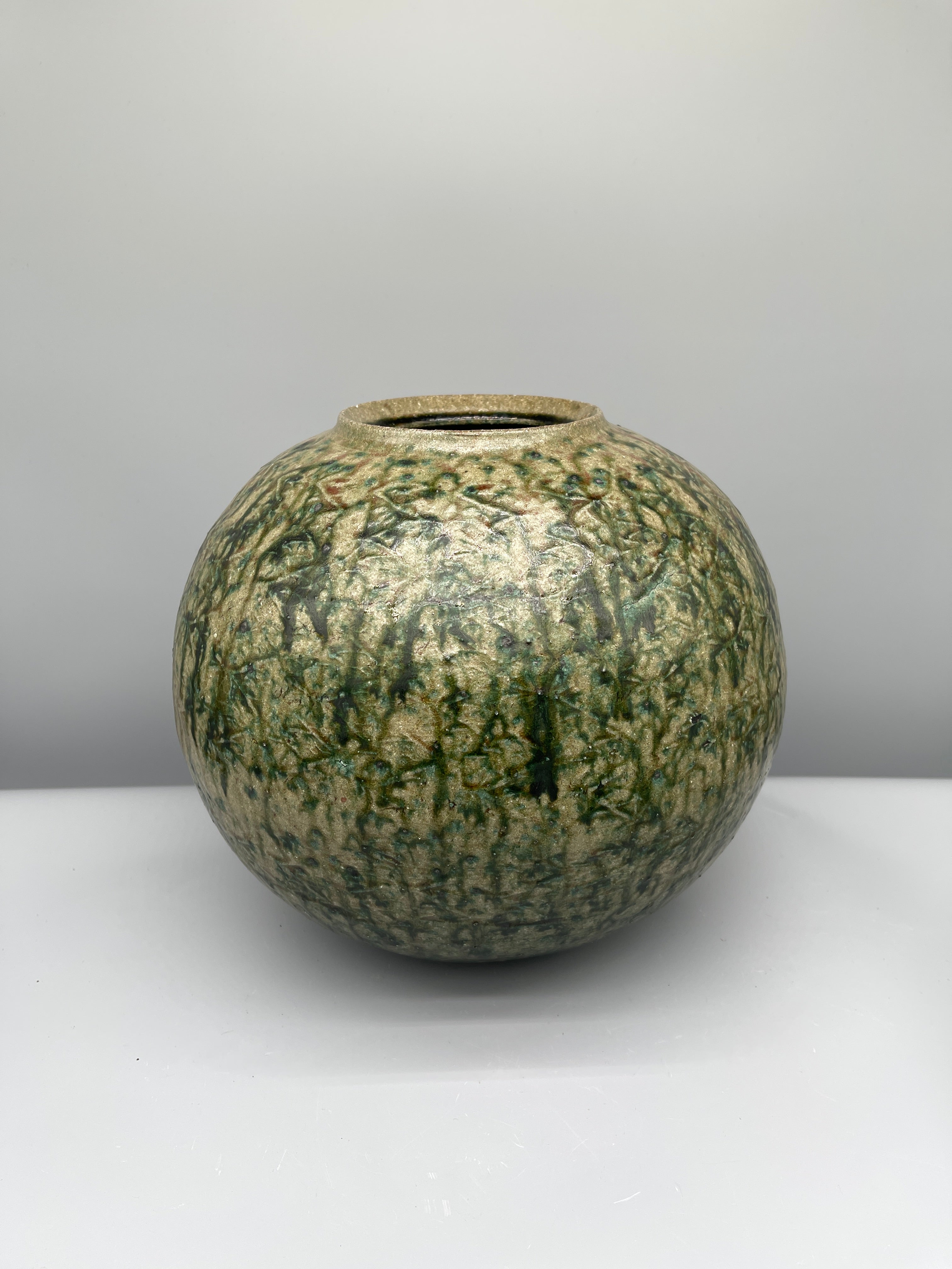 Large Vintage Japanese Round Vase - Green Moss Glaze