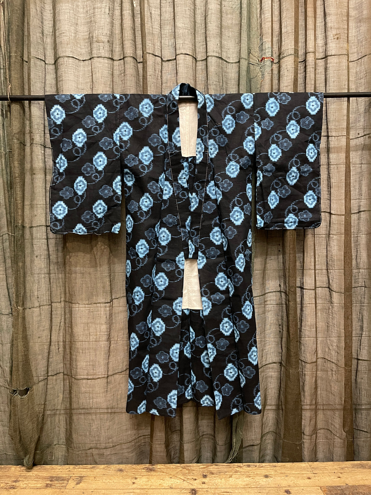 Vintage Japanese Cotton Kasuri Kimono, Floral Medallion Pattern