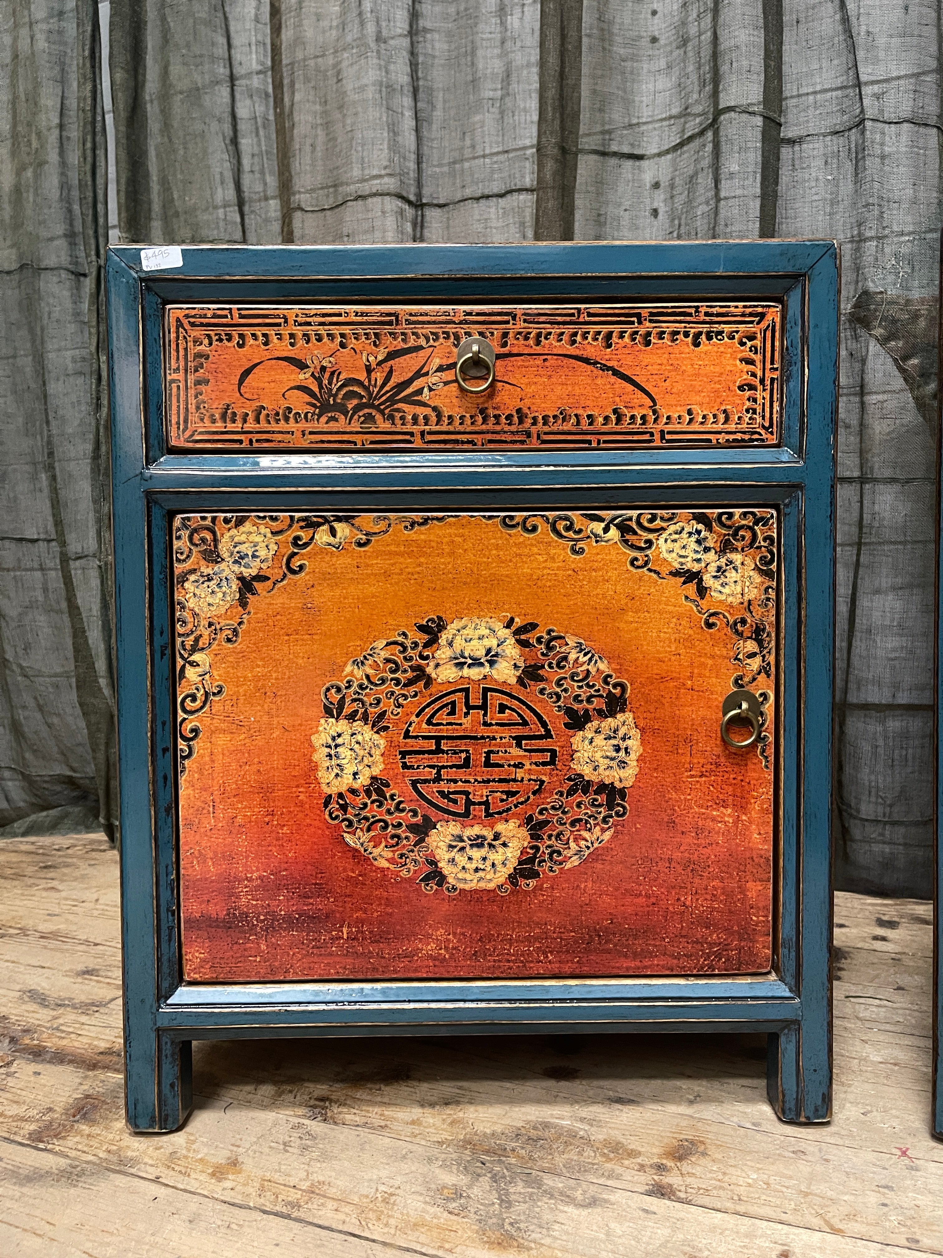 Chinese Blue & Orange Lacquered Side Cabinet