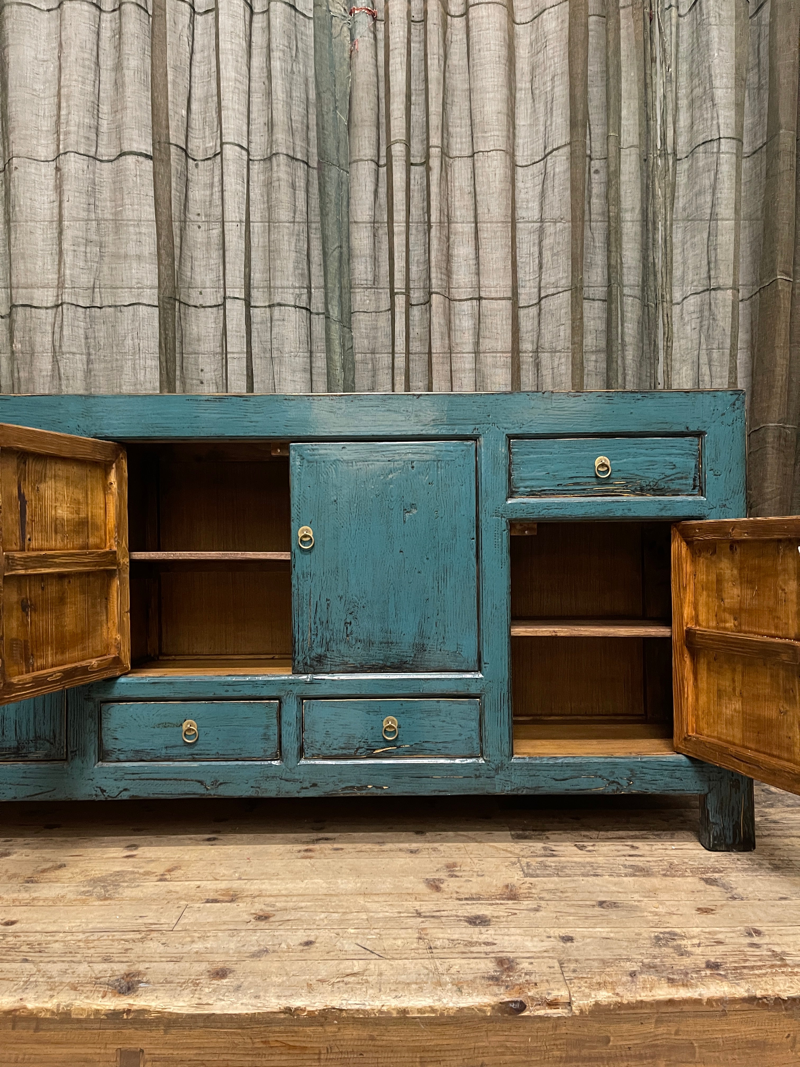 Chinese Teal Lacquered Sideboard, Distressed Finish