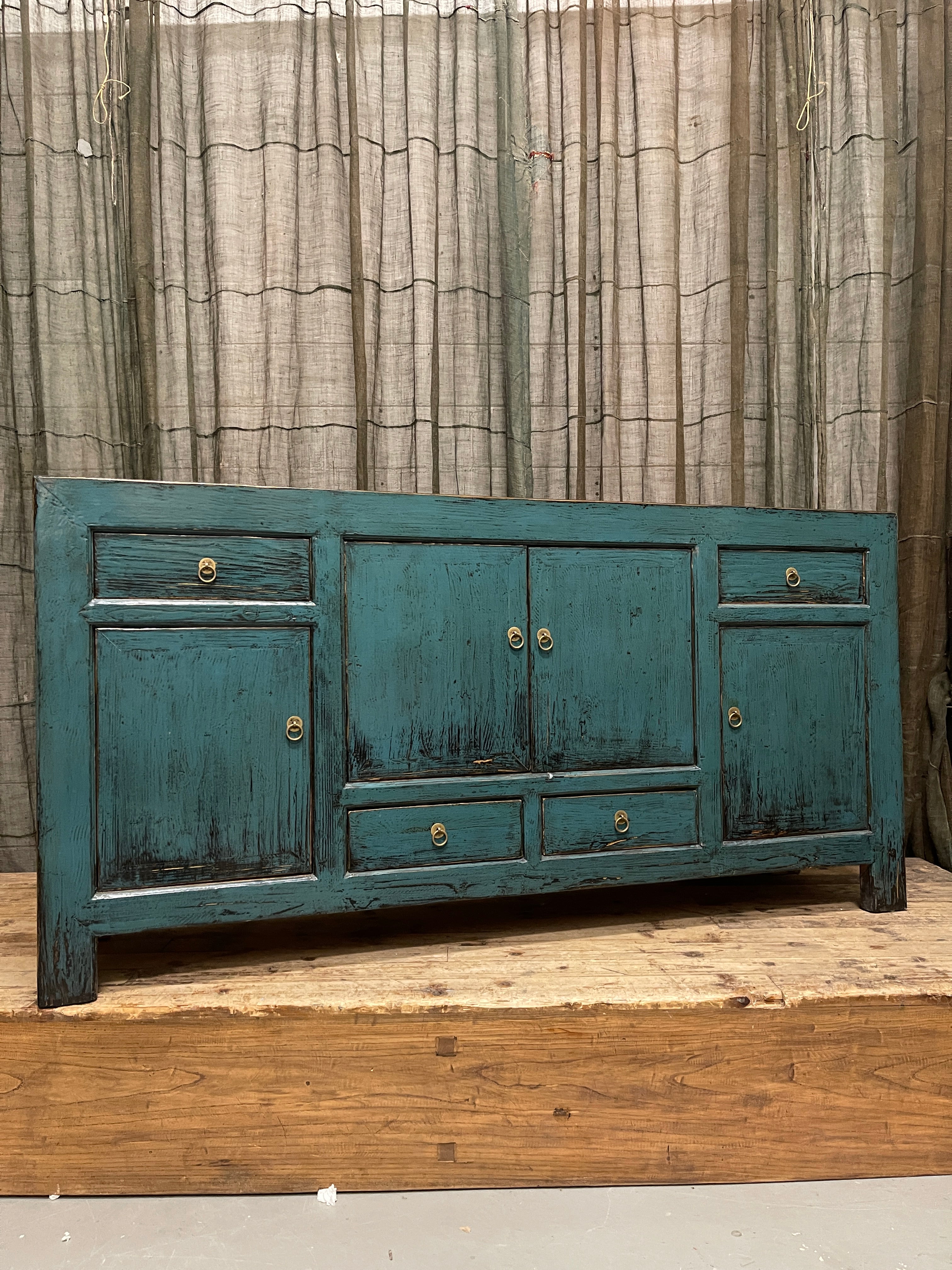 Chinese Teal Lacquered Sideboard, Distressed Finish