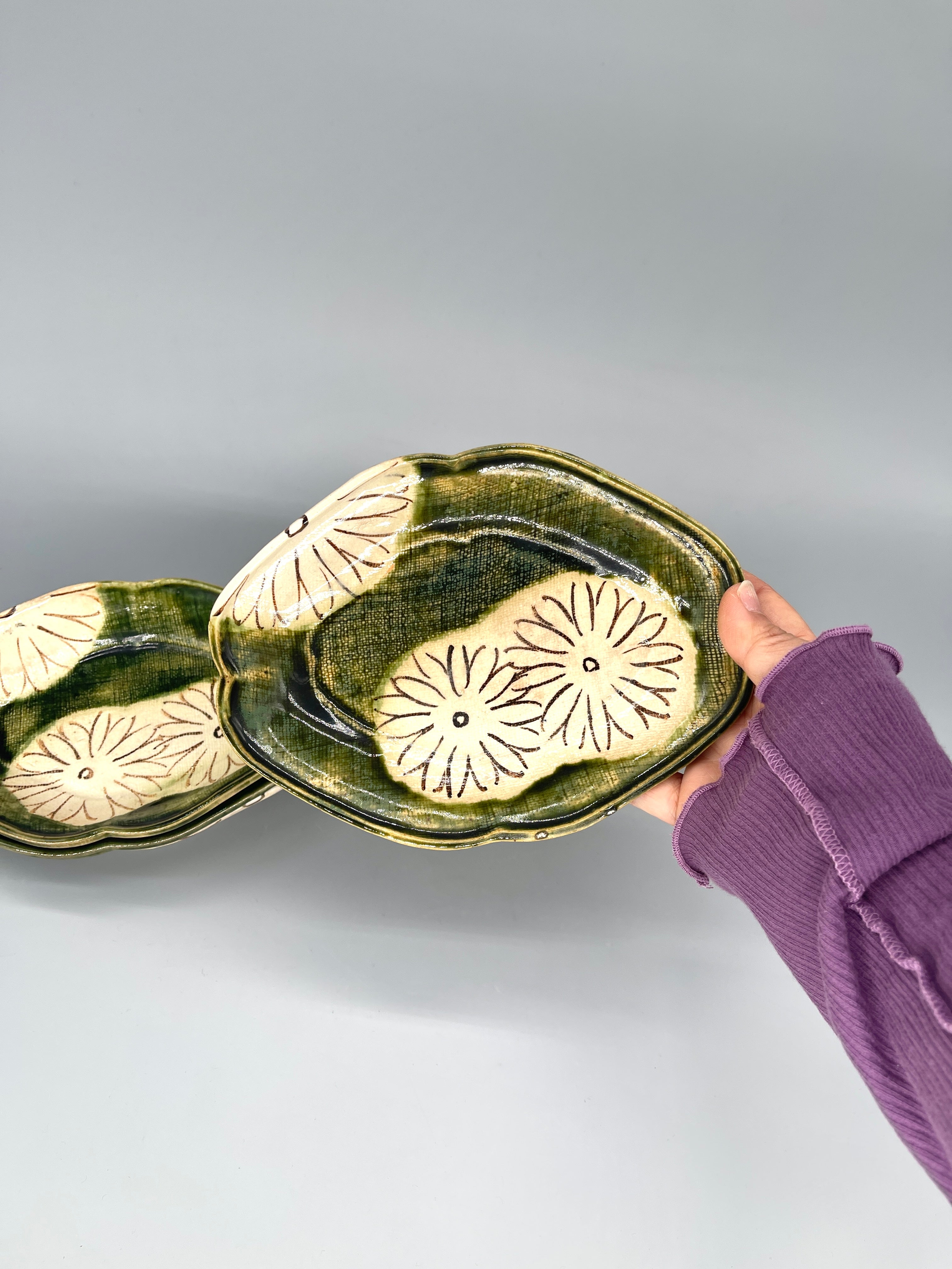 Set of Five Vintage Japanese Side Plates, Oribe Glaze