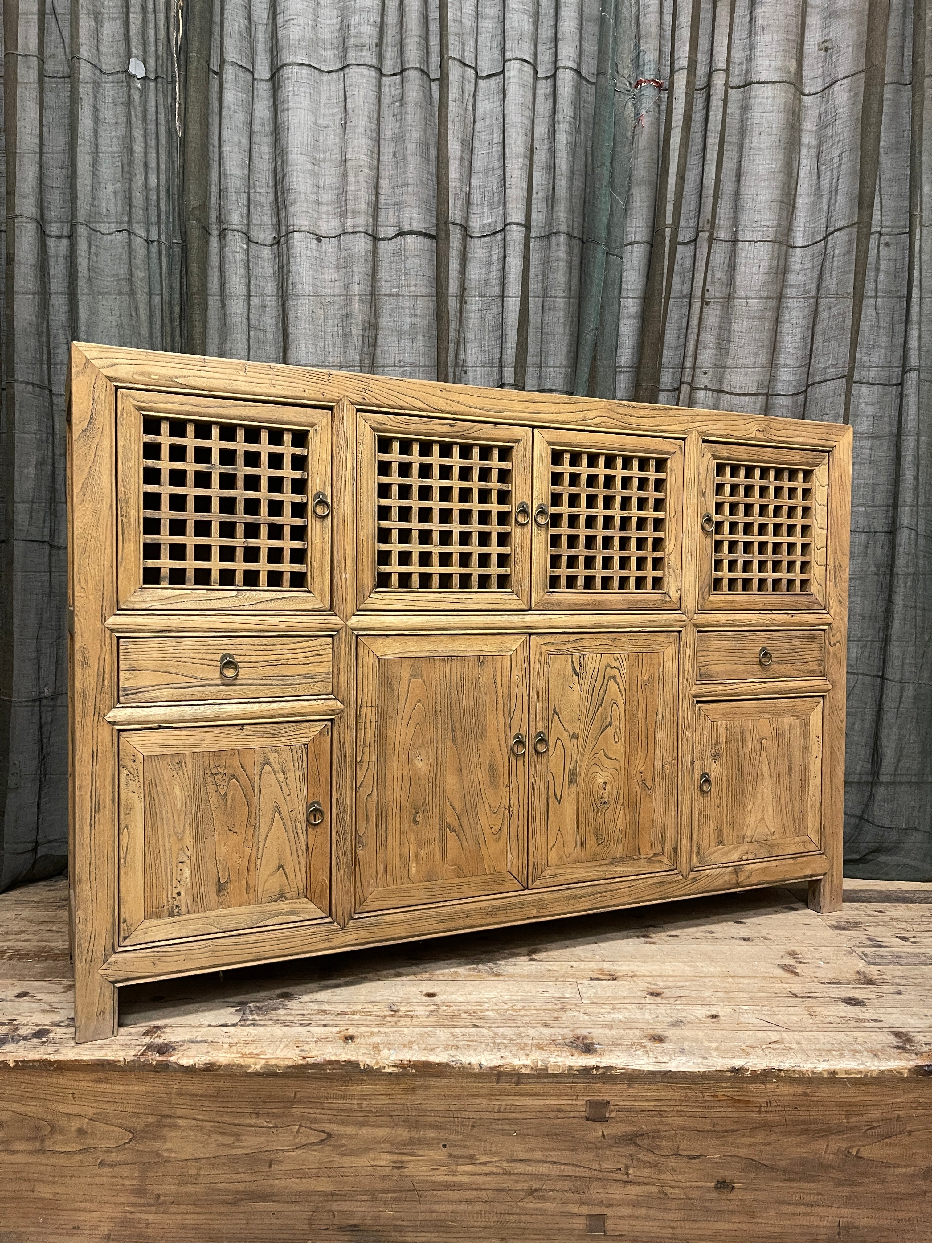 Chinese Recycled Elm Kitchen Cabinet, Lattice Doors