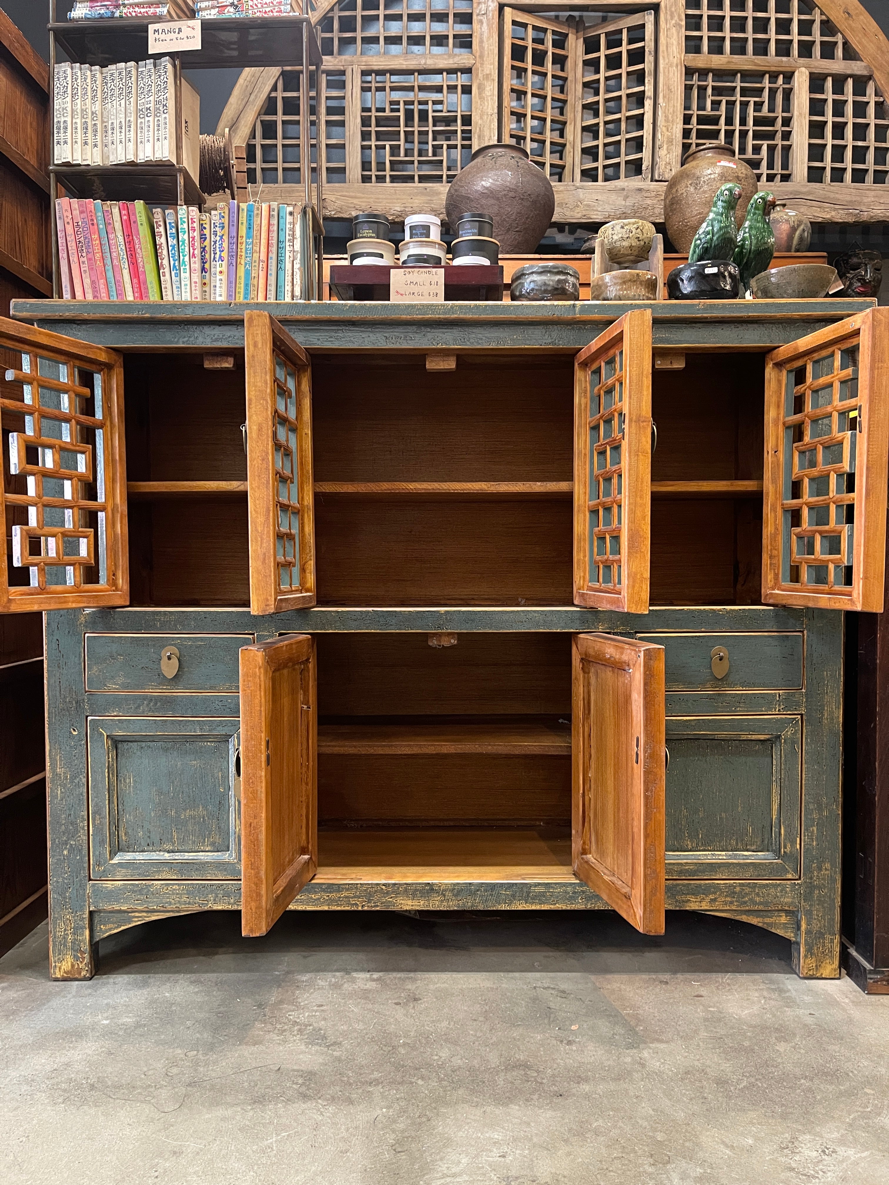 Chinese Blue-Gray Lacquered Kitchen Cabinet
