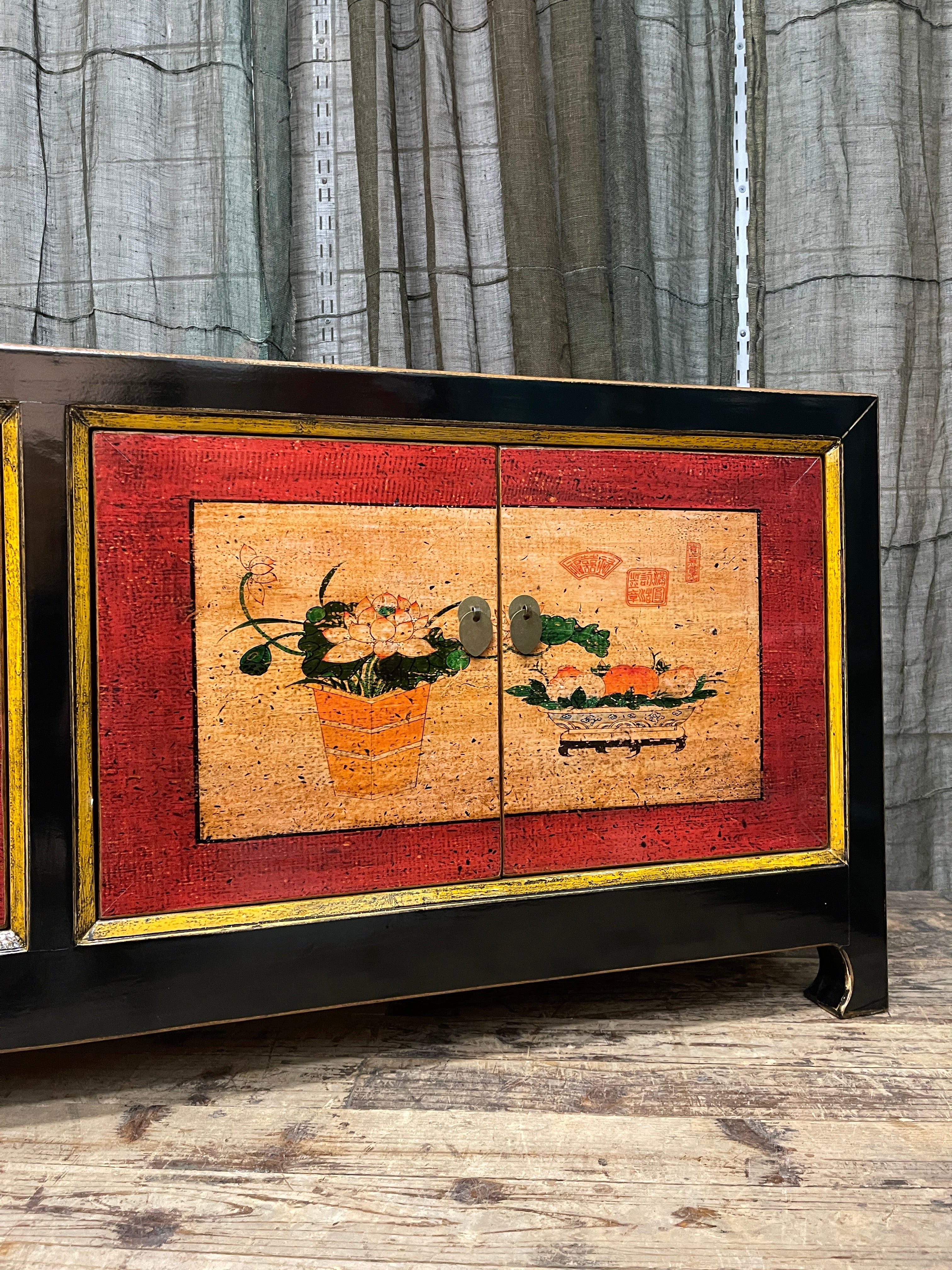 Low Chinese Lacquered Cabinet, Black & Red Motif