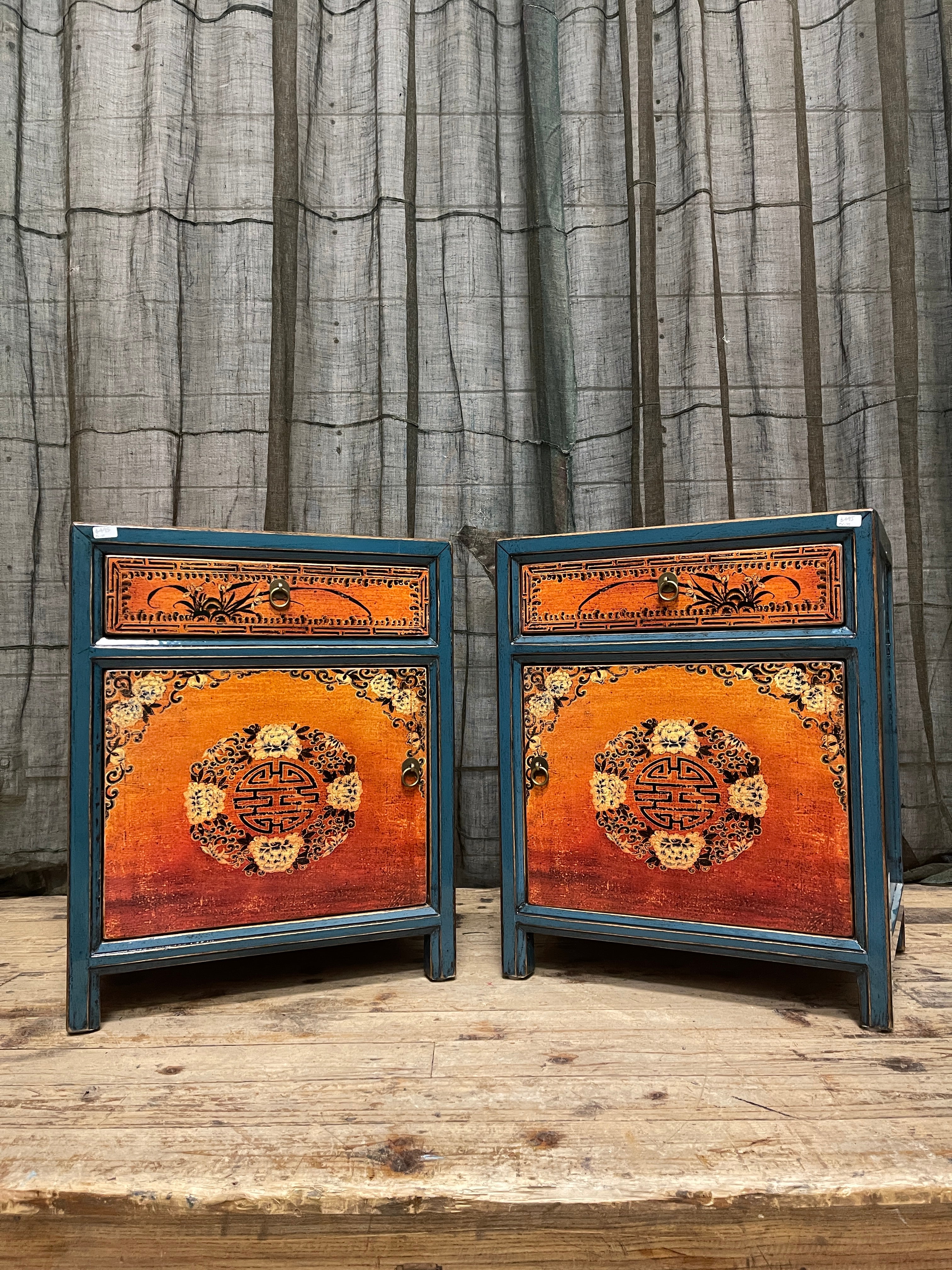 Chinese Blue & Orange Lacquered Side Cabinet