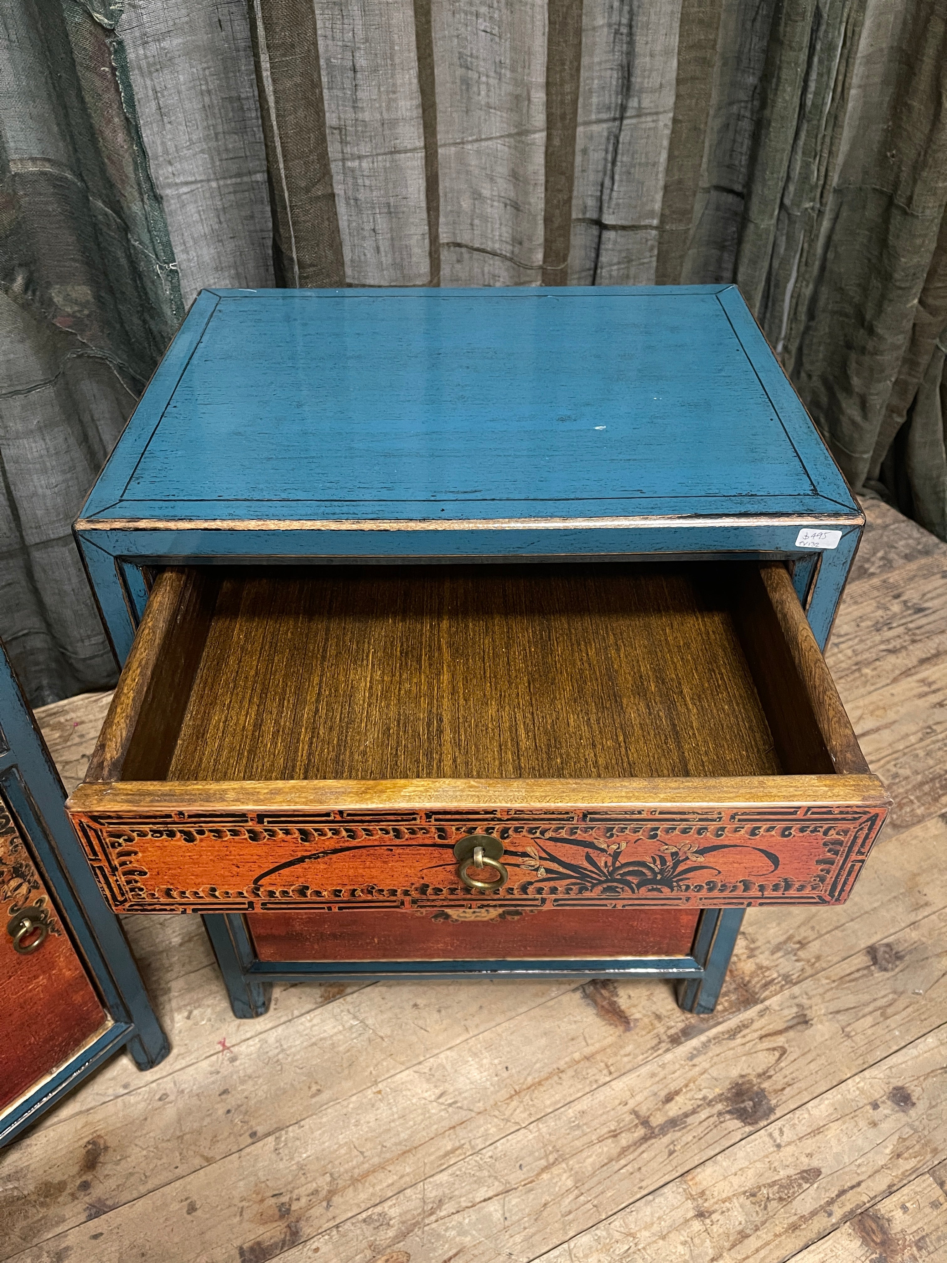 Chinese Blue & Orange Lacquered Side Cabinet