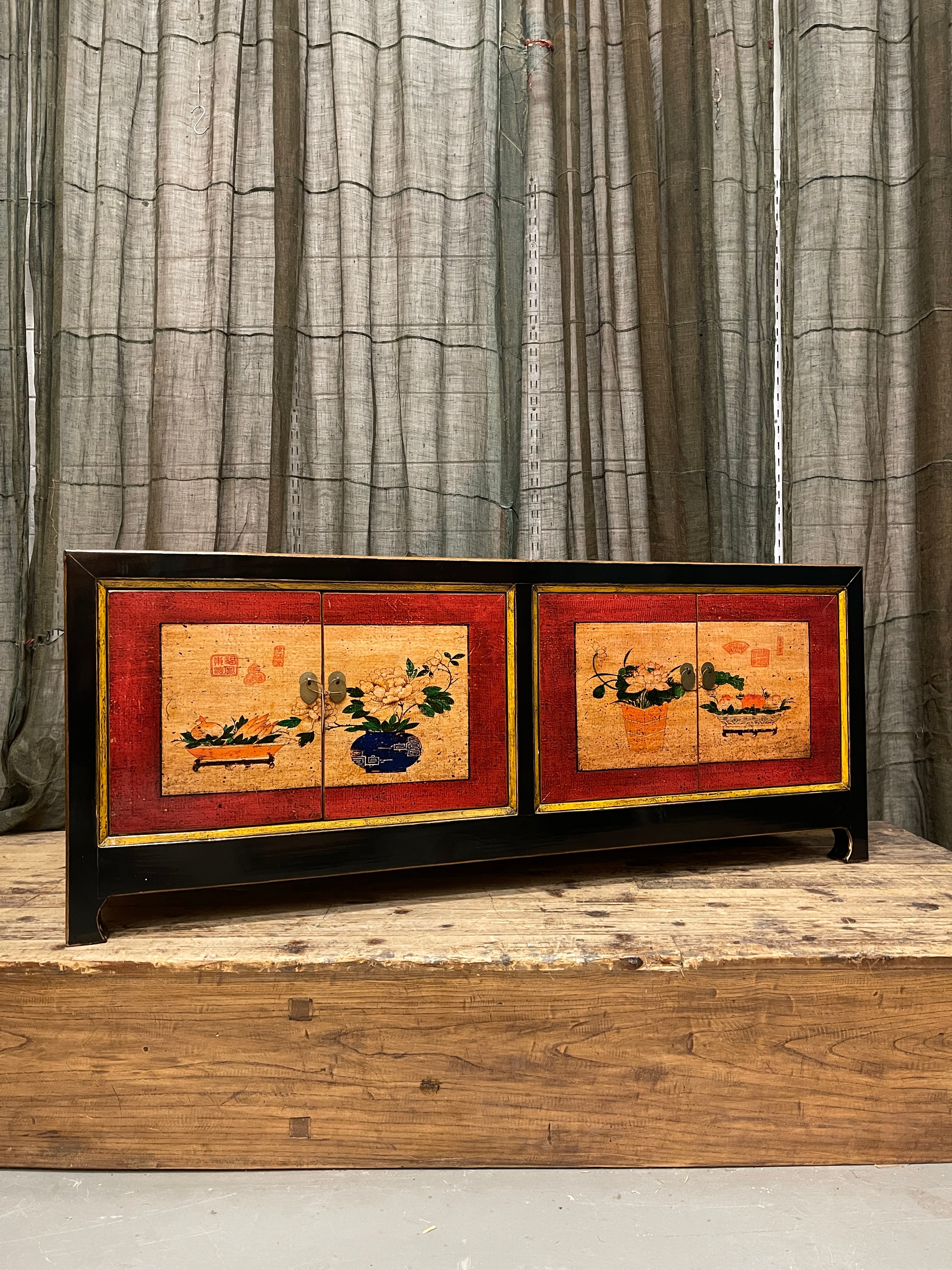 Low Chinese Lacquered Cabinet, Black & Red Motif