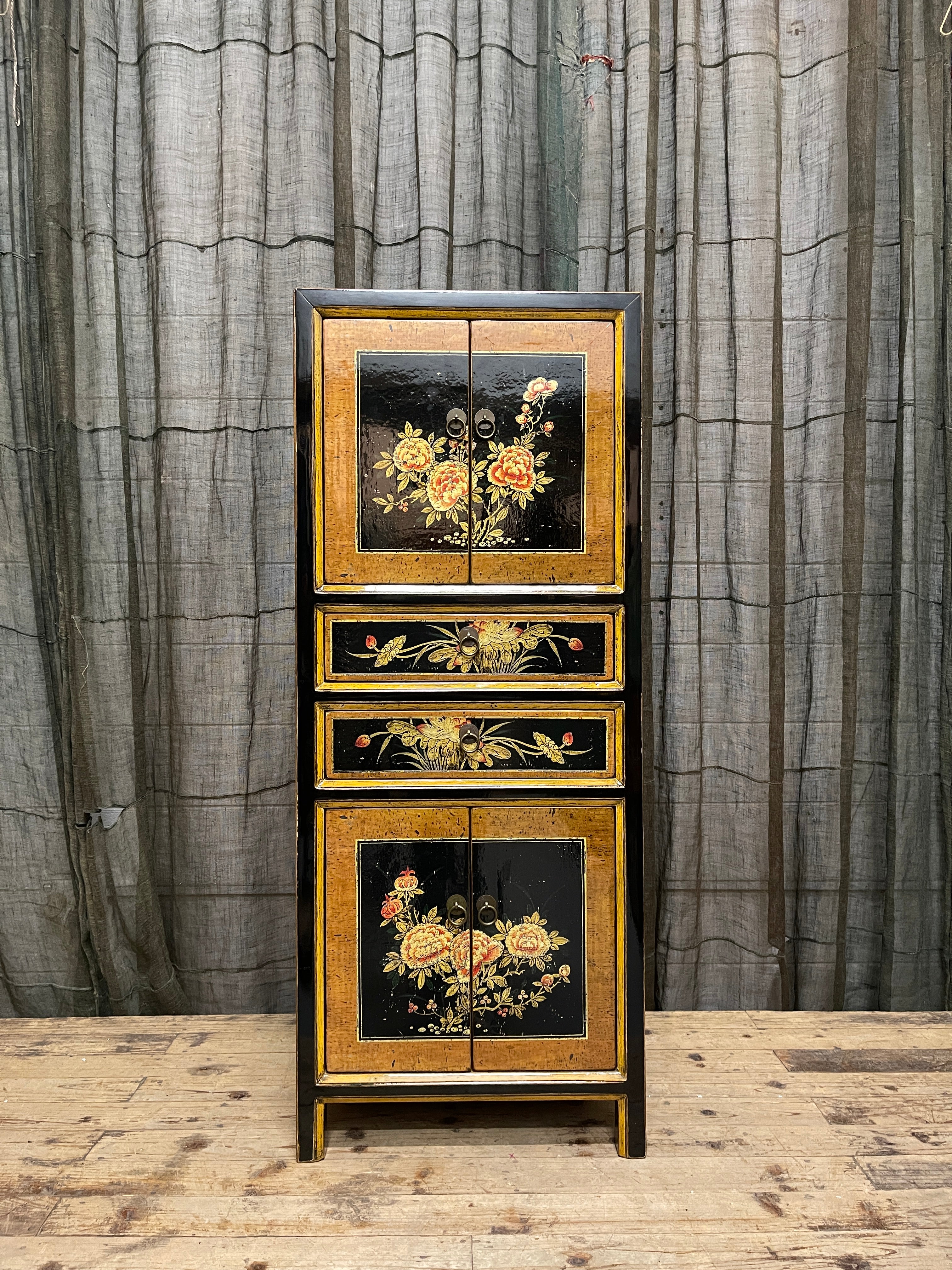 Chinese Black Lacquered Storage Cabinet, Floral Panels