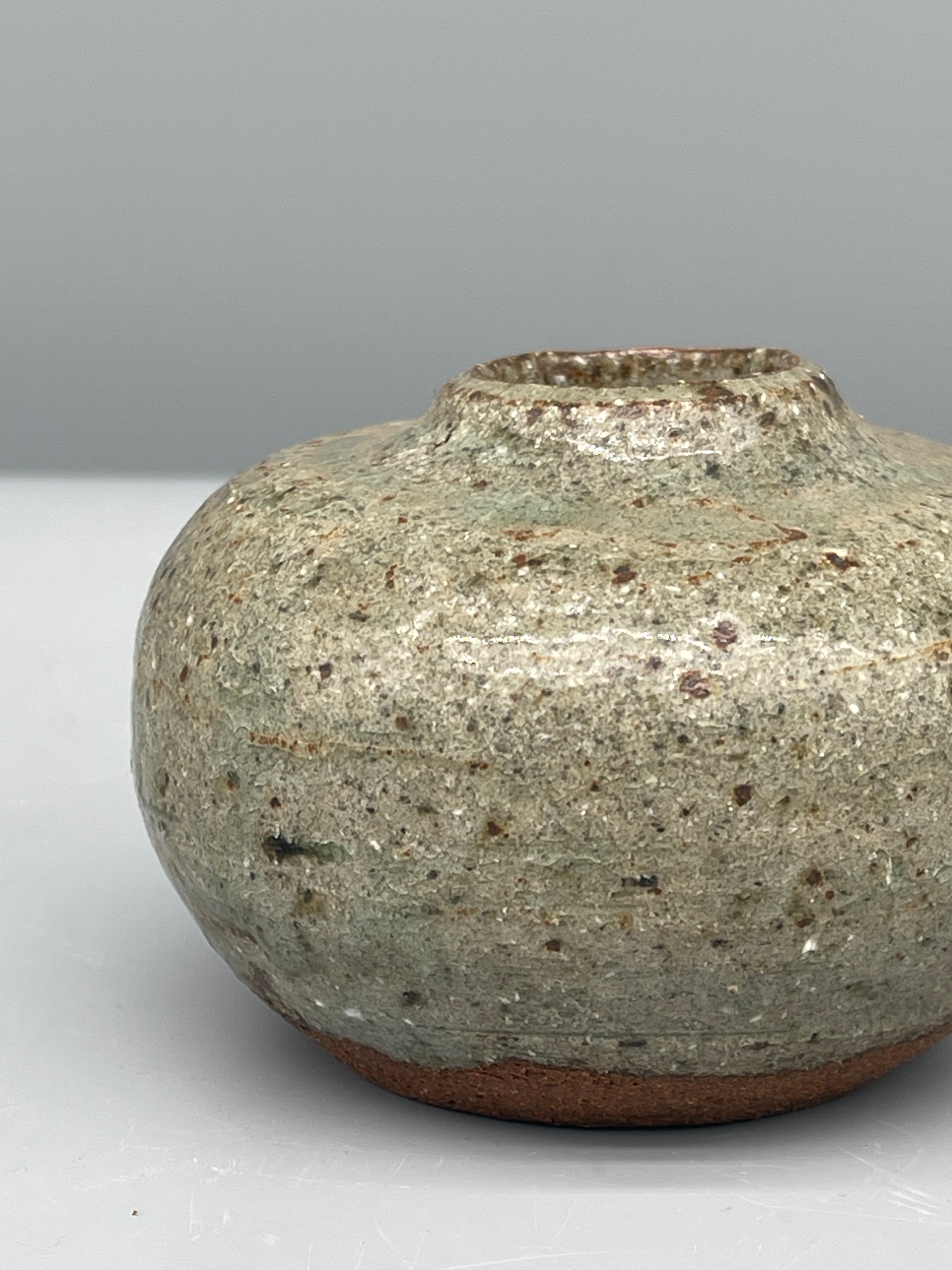 Small Vintage Japanese Round Vase - Textural Green Glaze