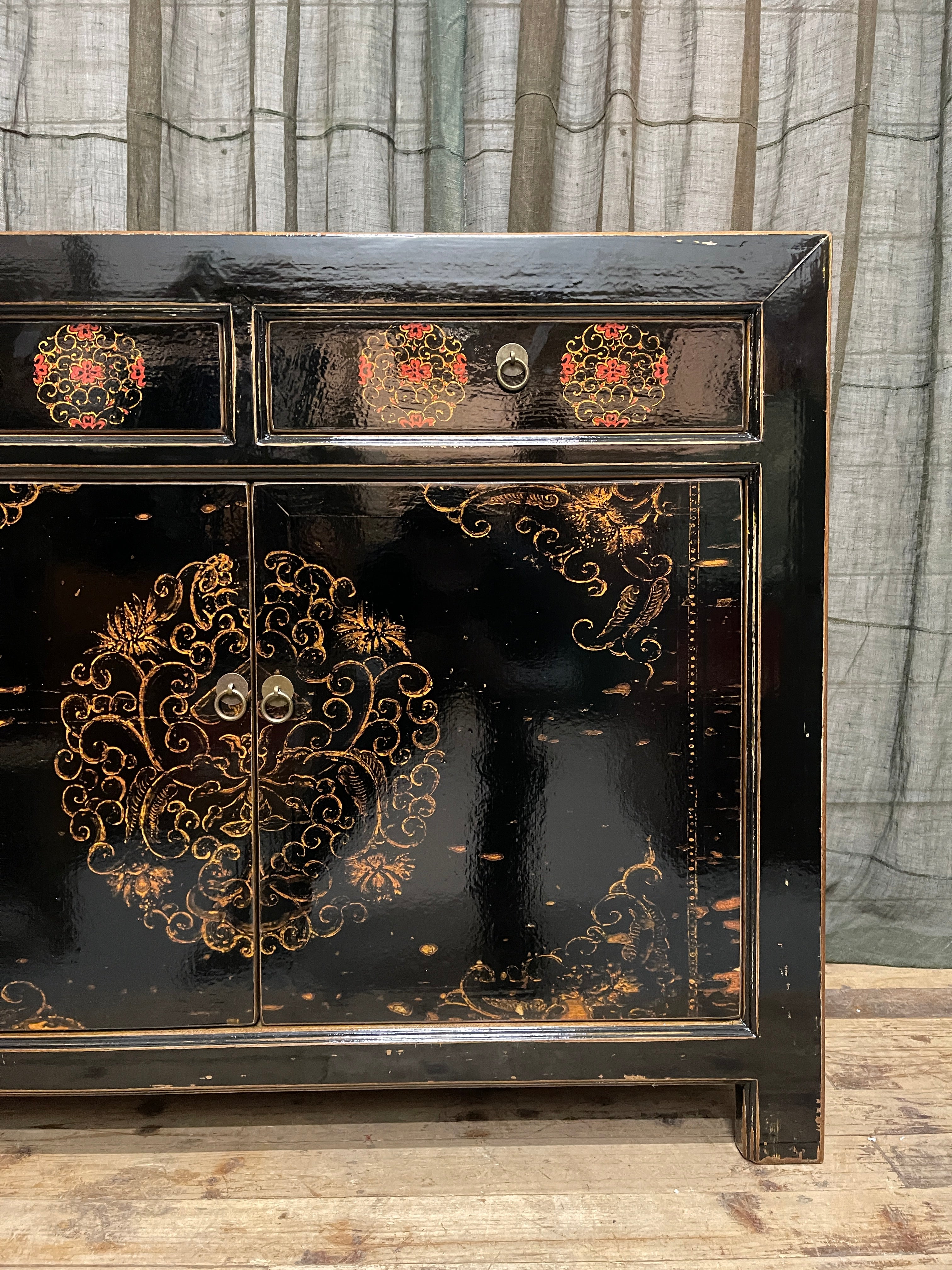 Chinese Black Lacquered Cabinet, Gold Floral Vine Motif