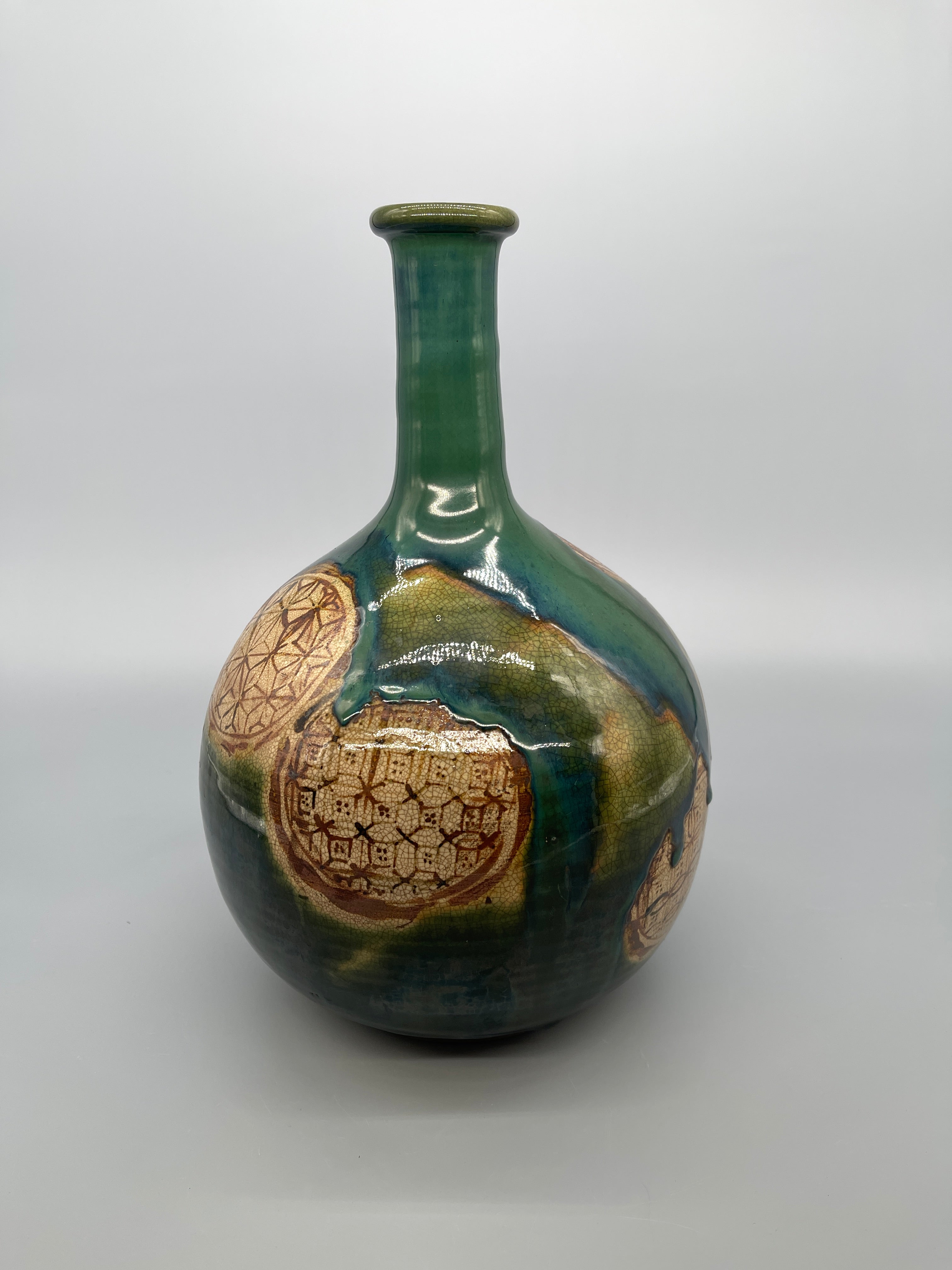 Vintage Japanese ORIBE Vase - Green & Blue Glaze