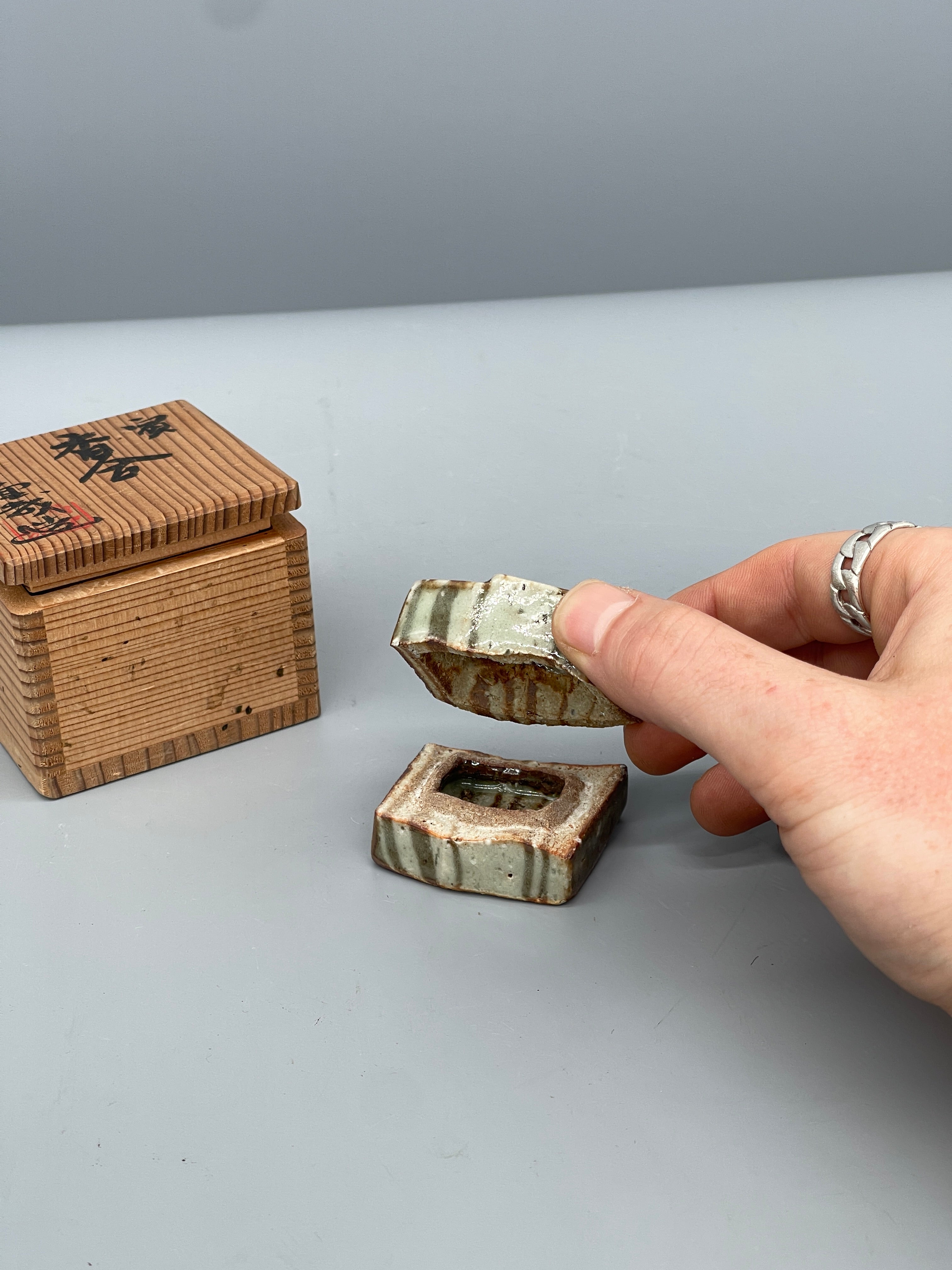 Vintage Japanese Green Glaze Kogo, Incense Container