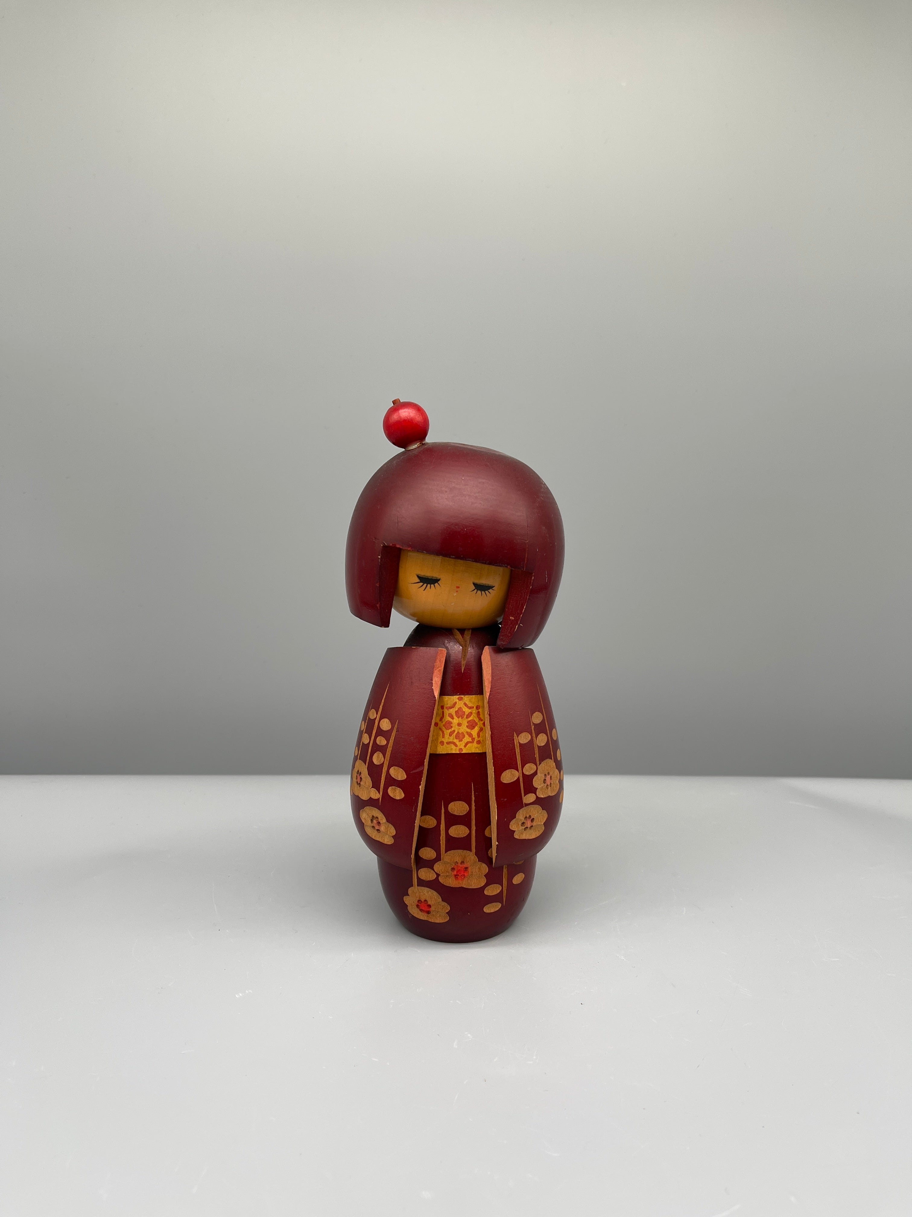 Vintage Japanese Sosaku Kokeshi Doll - Red Kimono with Blossoms | c.1960
