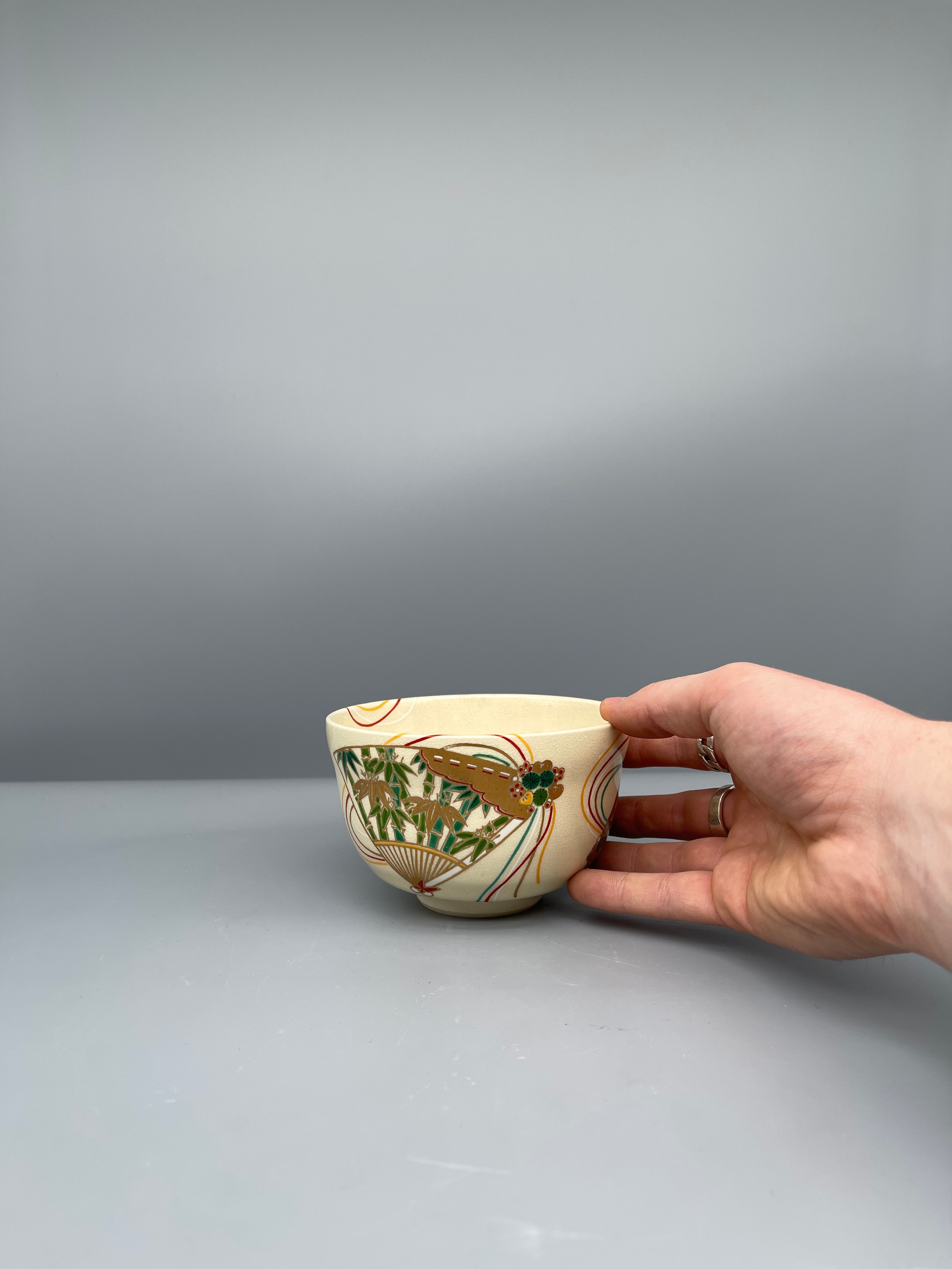 Vintage Japanese Chawan Tea Bowl - Ceramic, Crackle Glaze with Enamelled Fan & Blossom Design