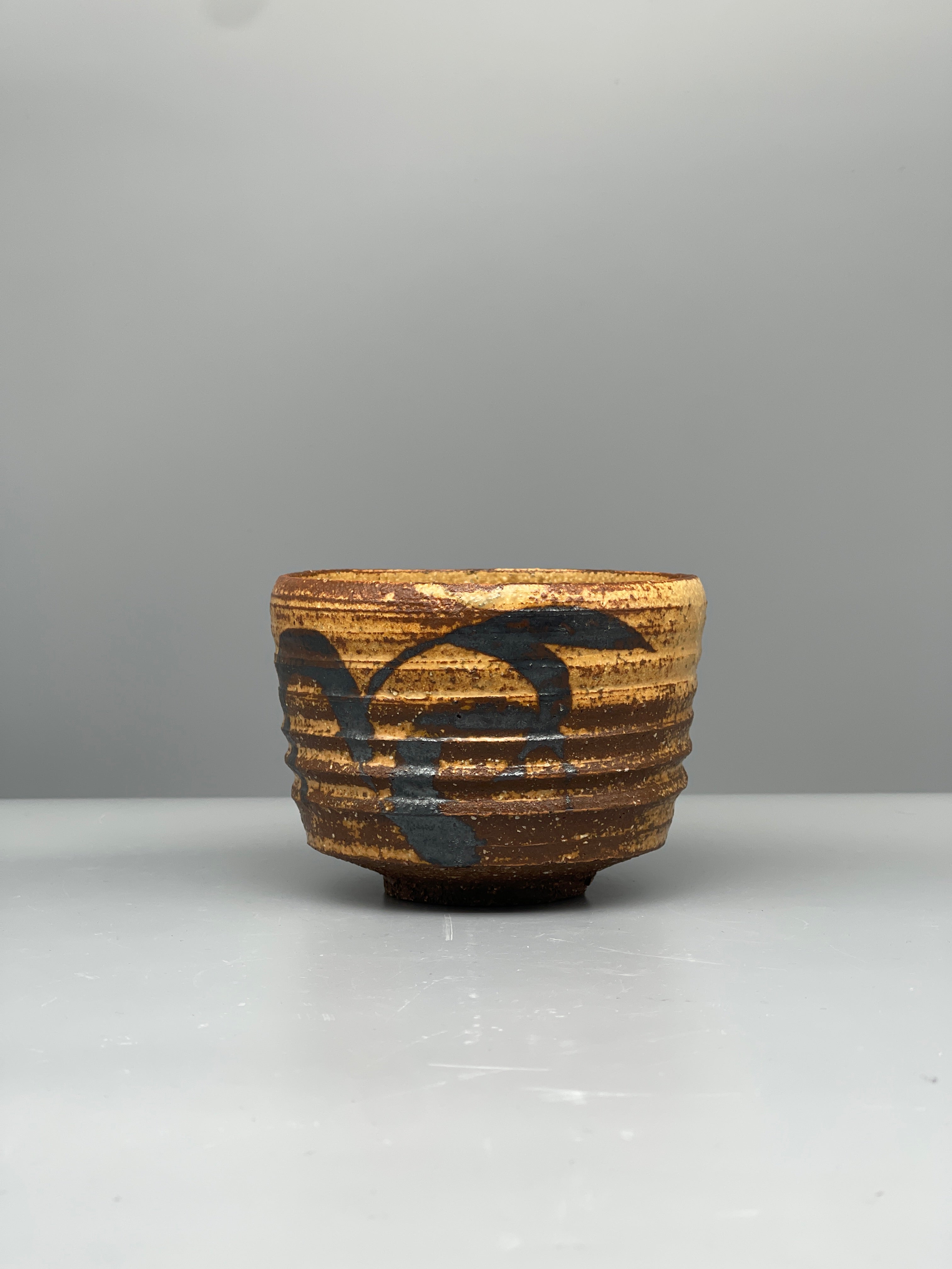 Vintage Japanese Chawan Tea Bowl - Stoneware, Ribbed Ash Glaze