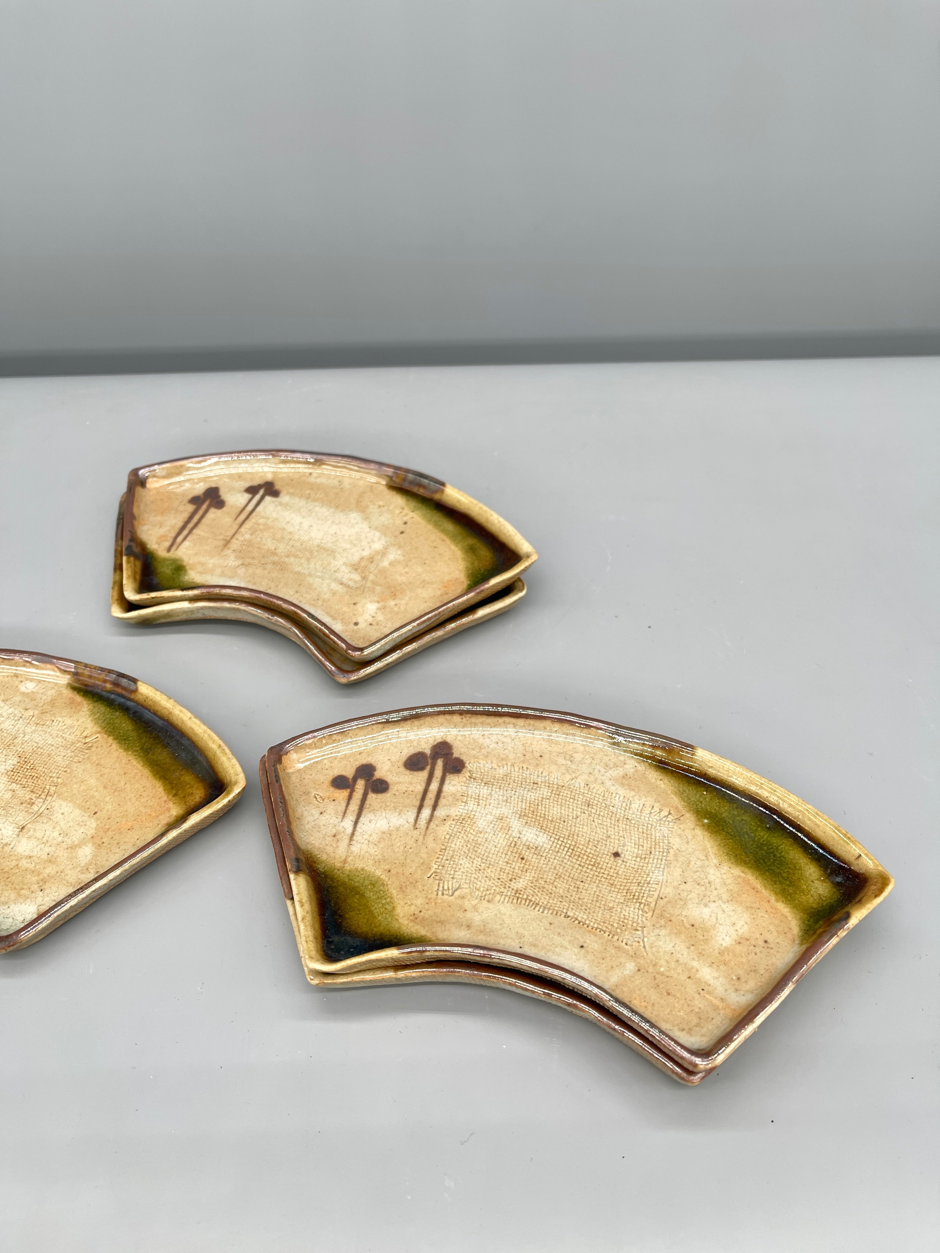 Set of 5 Vintage Japanese Fan-Shape Dishes, Oribe Glaze